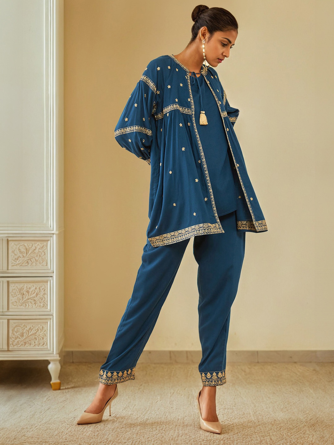 

Soch Round Neck Top & Trousers With Shrug, Blue