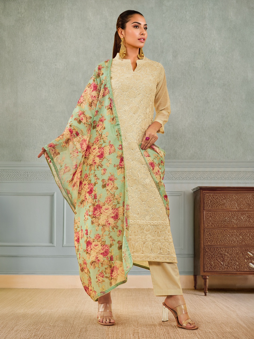 

Soch Floral Embroidered Regular Thread Work Chanderi Silk Kurta with Trousers & Dupatta, Beige