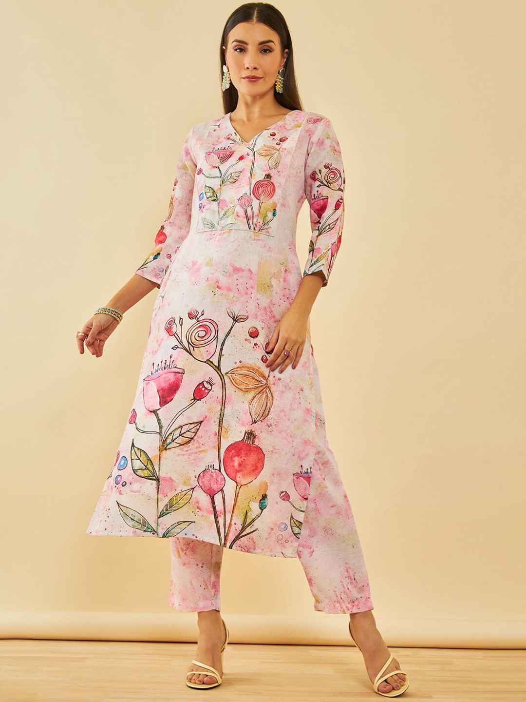 

Soch Pink Floral Printed Thread Straight Work Kurta With Trousers