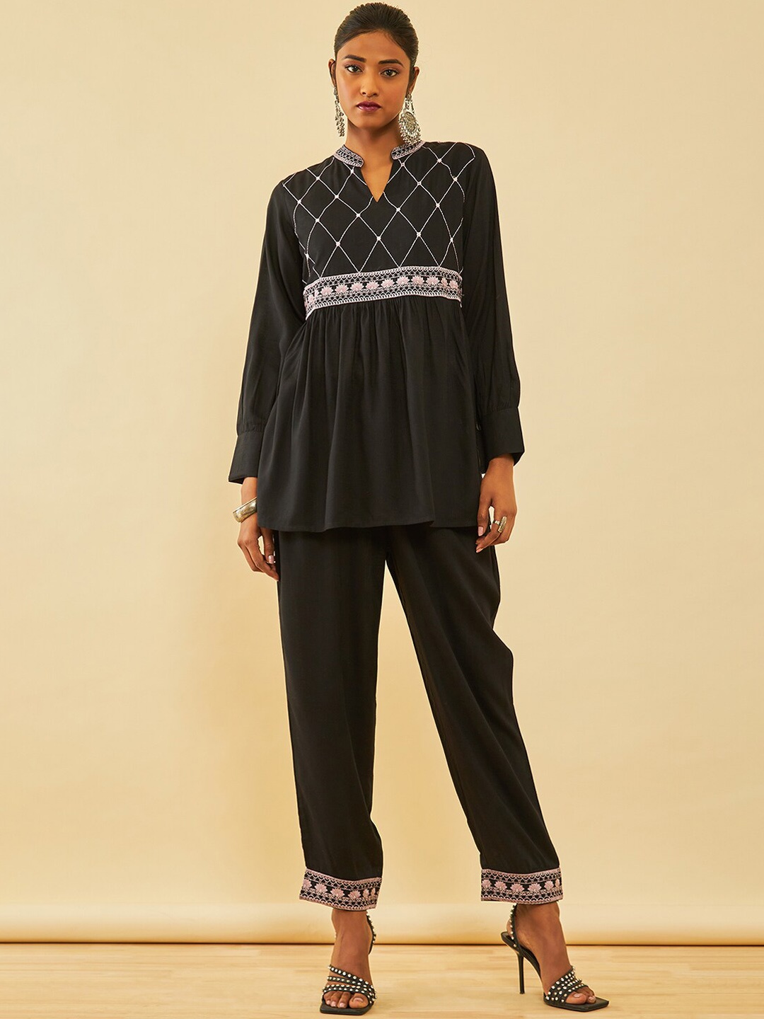 Soch Floral Embroidered Pleated Thread Work Kurta with Trousers, Black