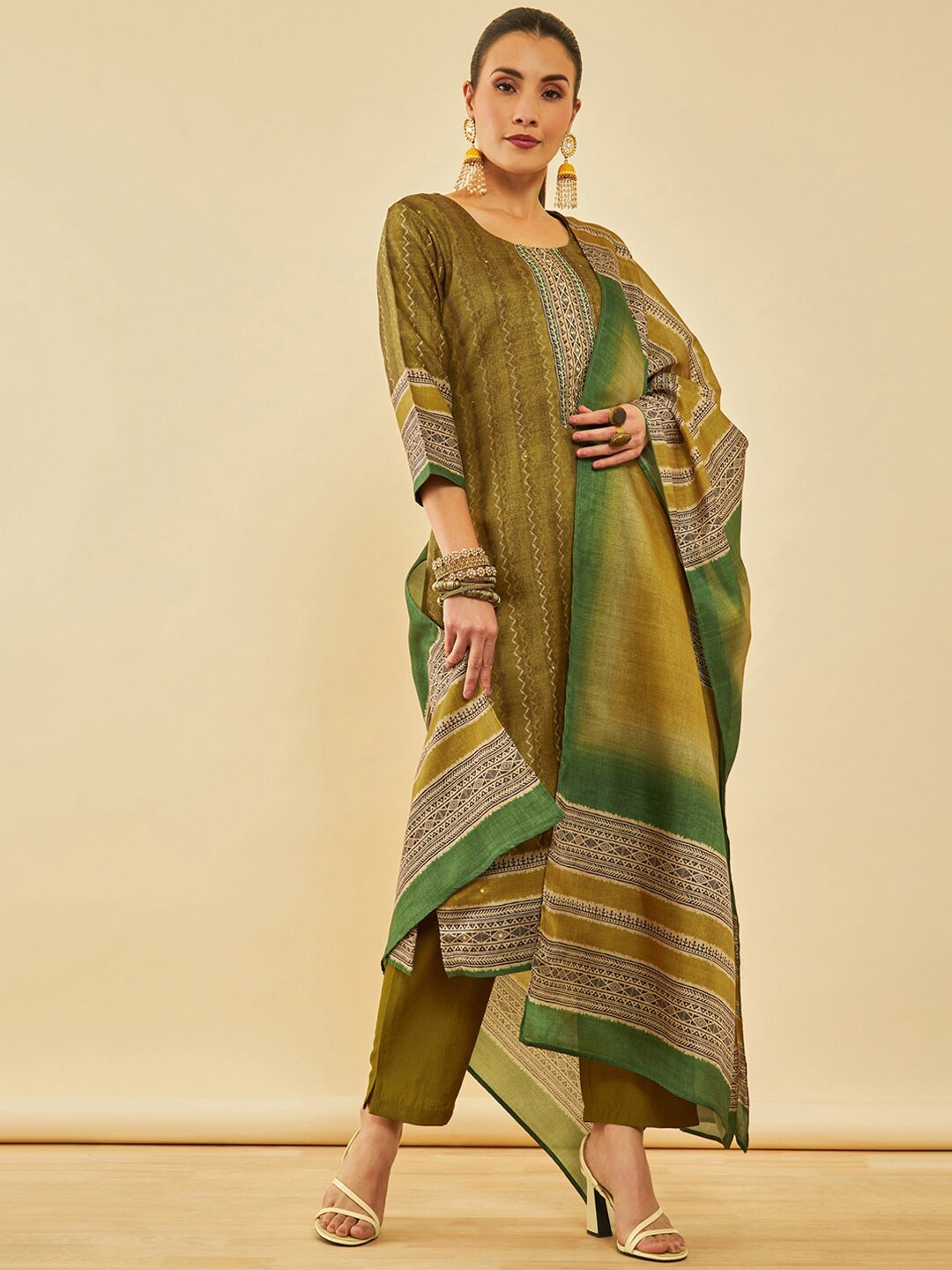 

Soch Ethnic Motifs Regular Mirror Work Kurta with Trousers & Dupatta, Olive