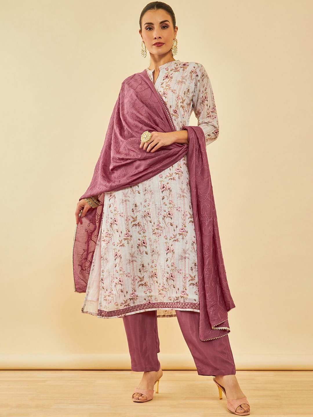 

Soch Floral Printed Regular Kurta with Trousers & With Dupatta, Beige
