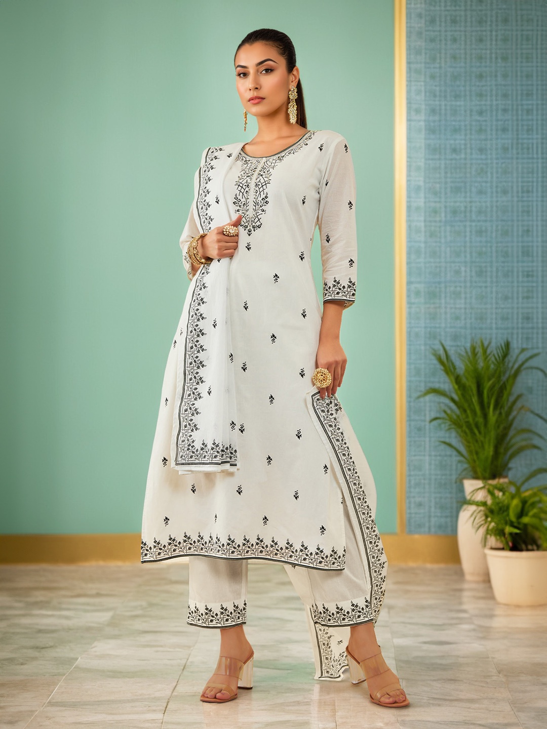 

Soch White Printed Beads and Stones Pure Cotton Straight Kurta With Trousers & Dupatta