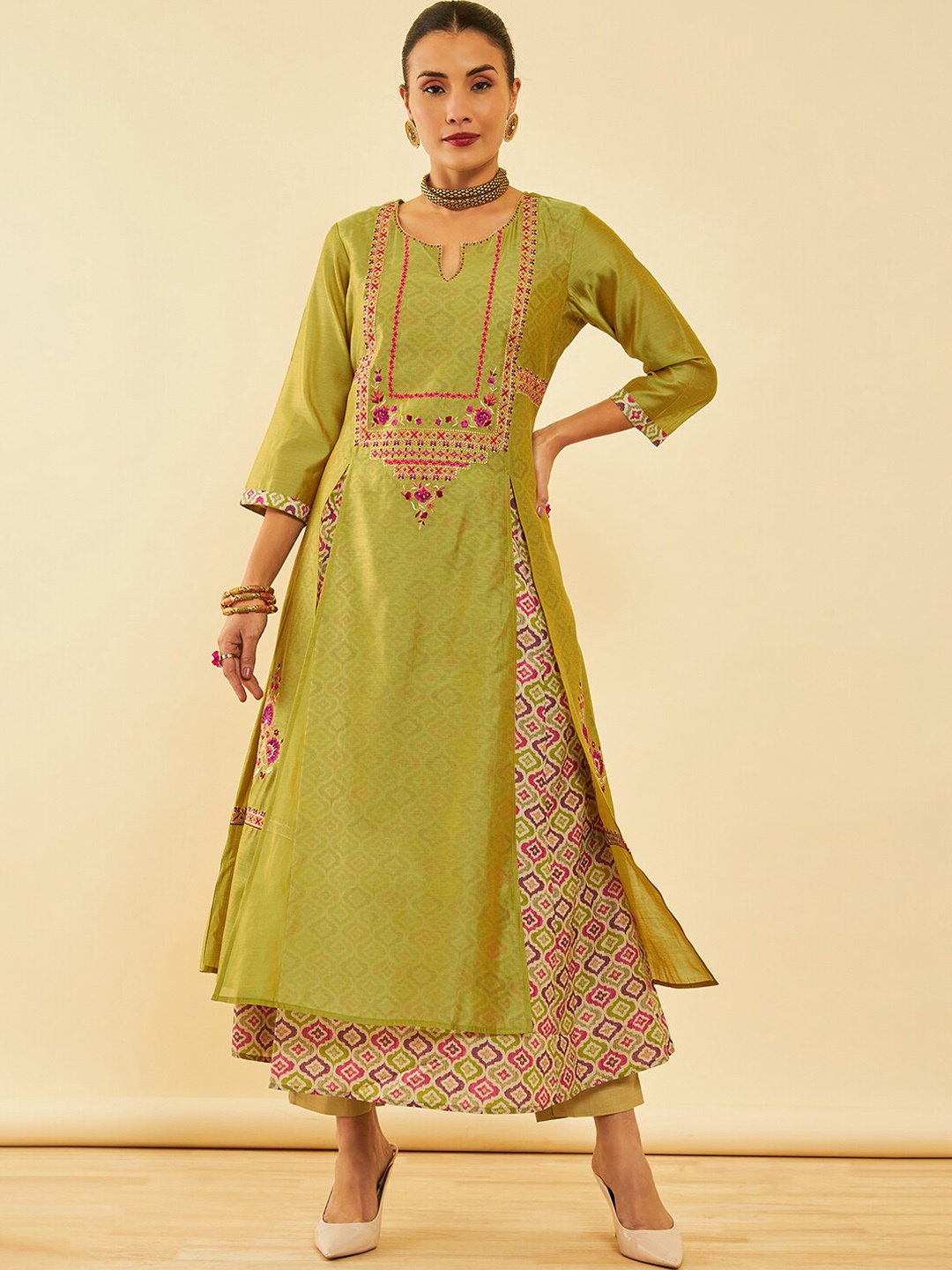

Soch Olive Floral Embroidered Thread Work Layered A-Line Kurta With Trousers & Dupatta