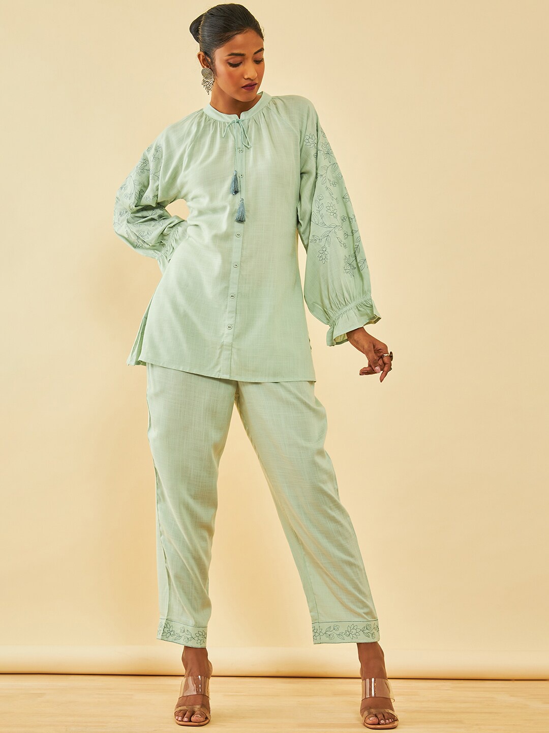 

Soch Rayon Slub Embroidered Co-Ord Set With Thread Work, Green