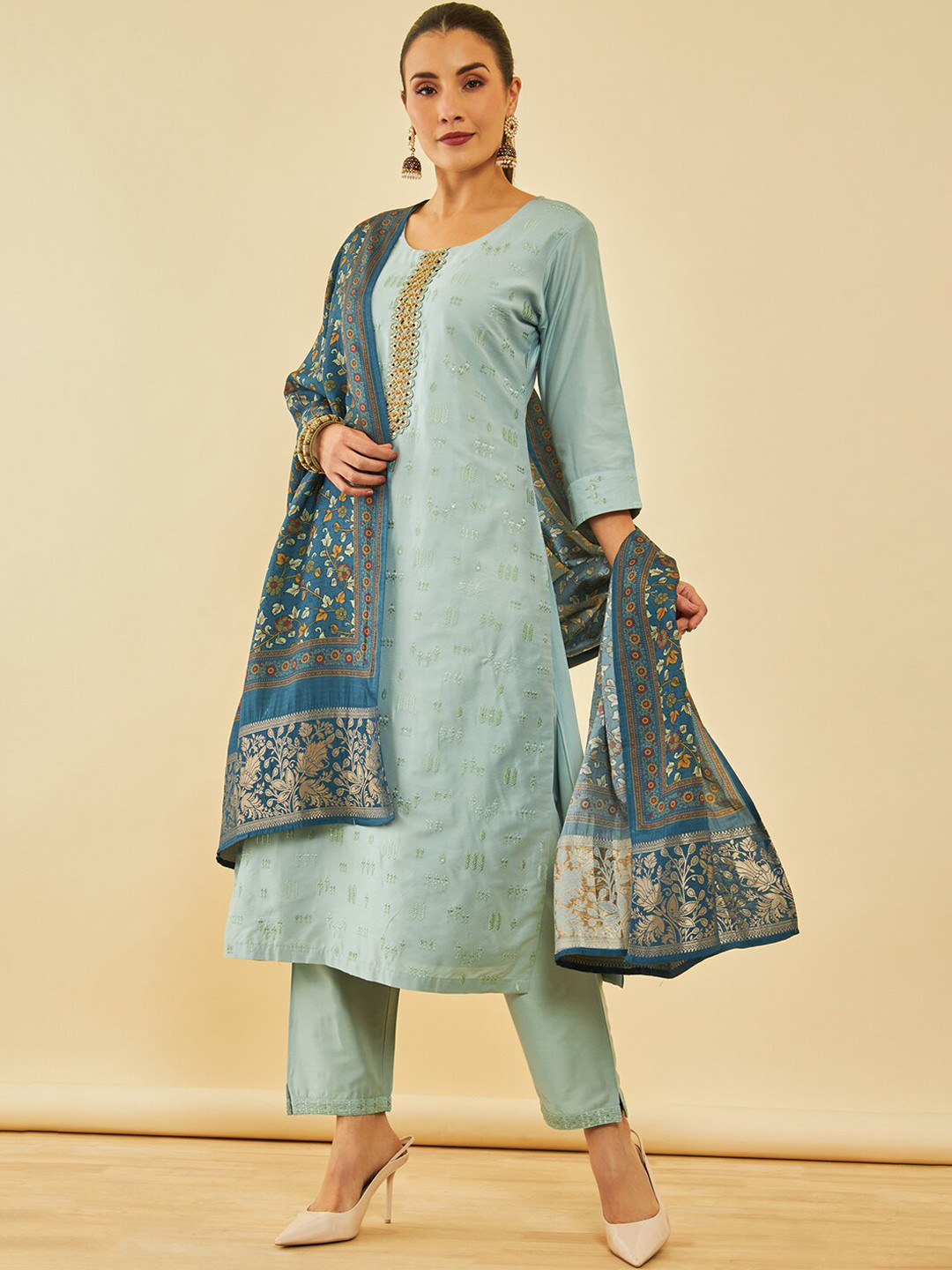 

Soch Floral Embroidered Regular Thread Work Kurta with Trousers & Dupatta, Blue