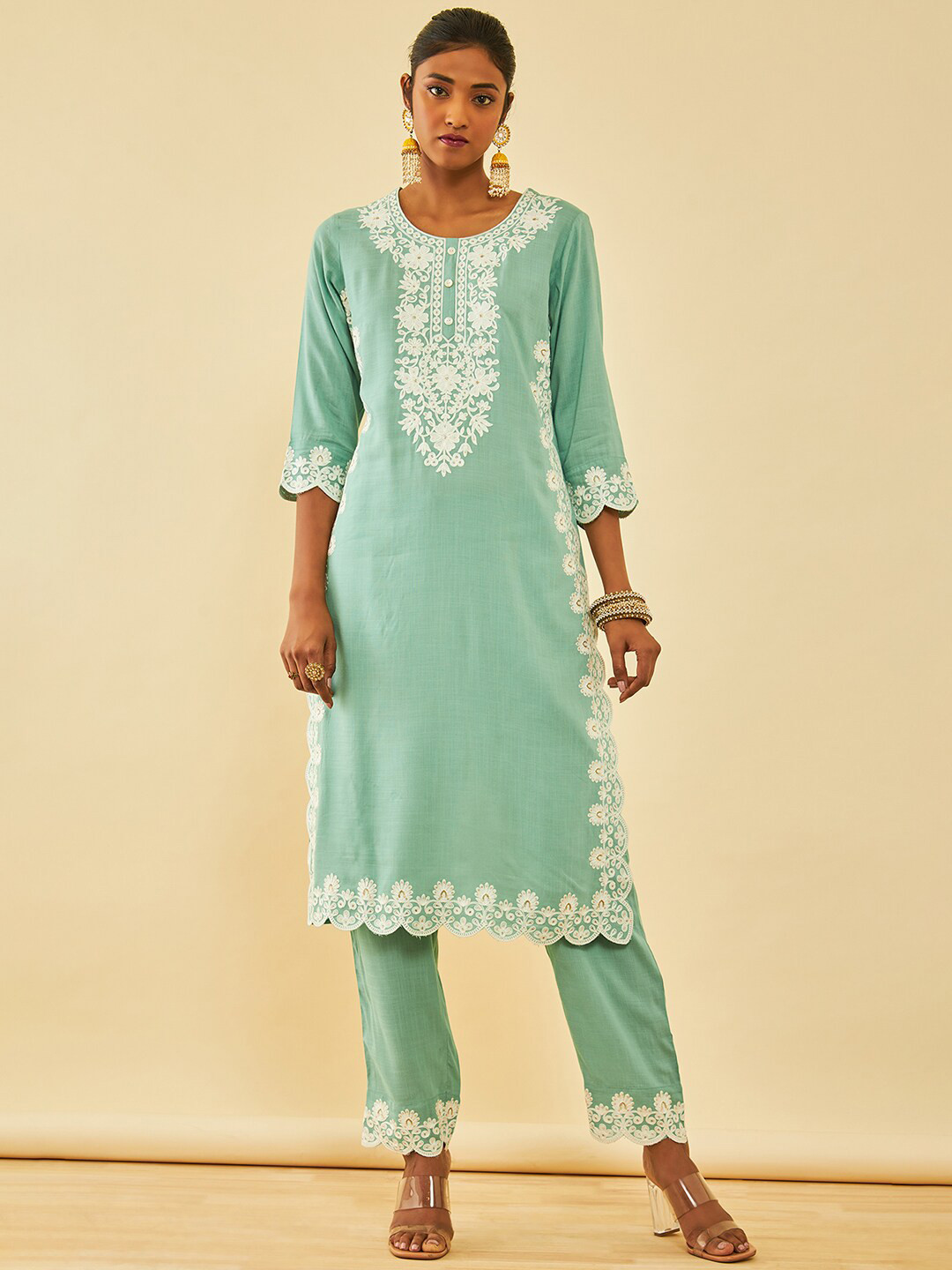 

Soch Women Floral Embroidered Regular Thread Work Kurta with Trousers, Green