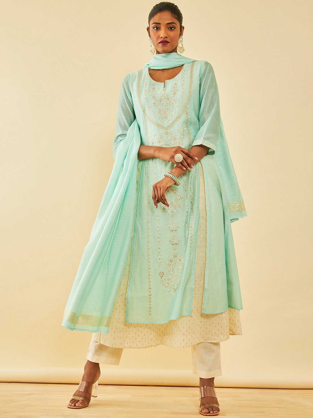 

Soch Floral Embroidered Layered Thread Work Chanderi Silk Kurta with Trousers & Dupatta, Blue