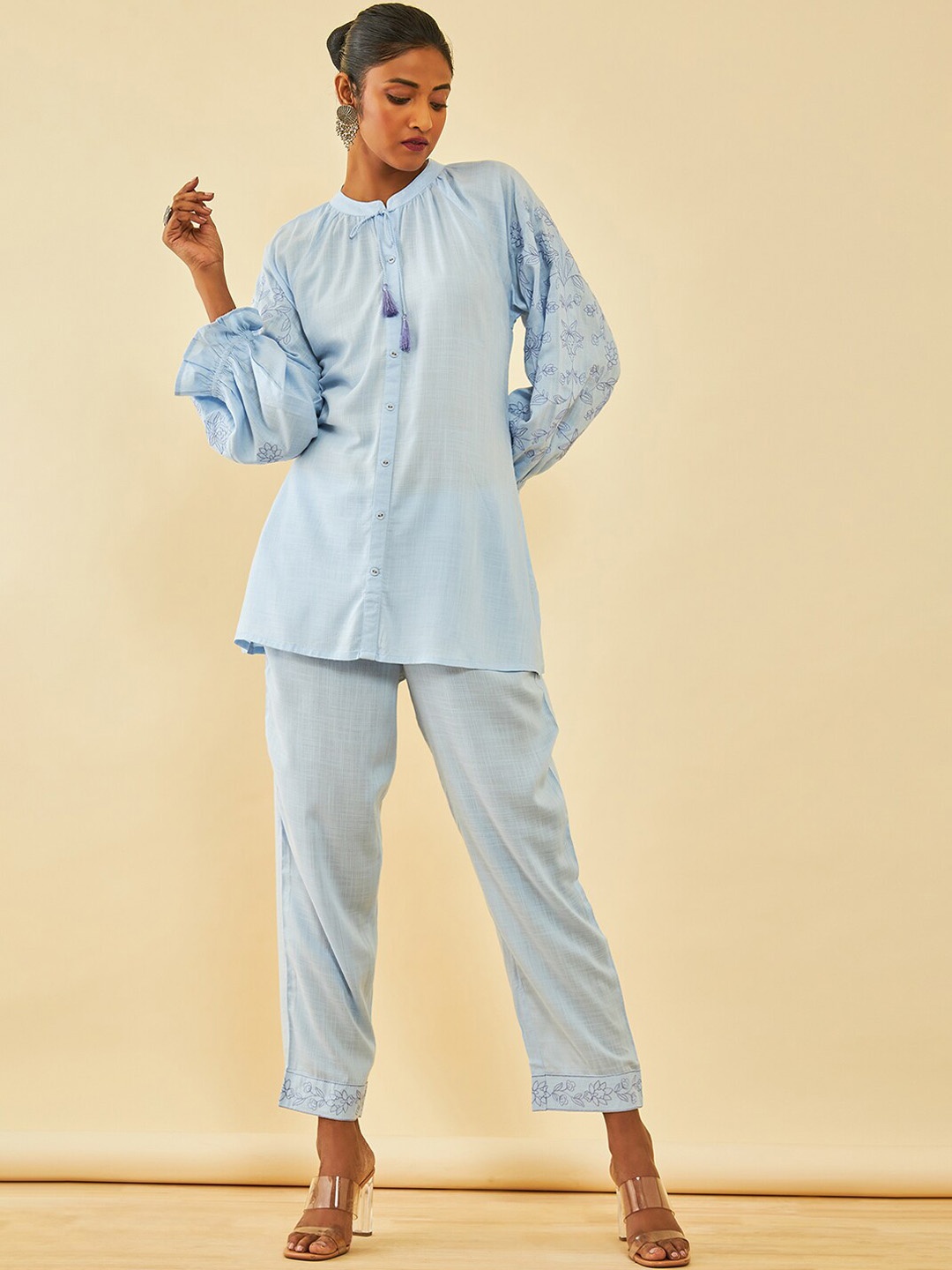 

Soch Rayon Slub Embroidered Co-Ord Set With Thread Work, Blue