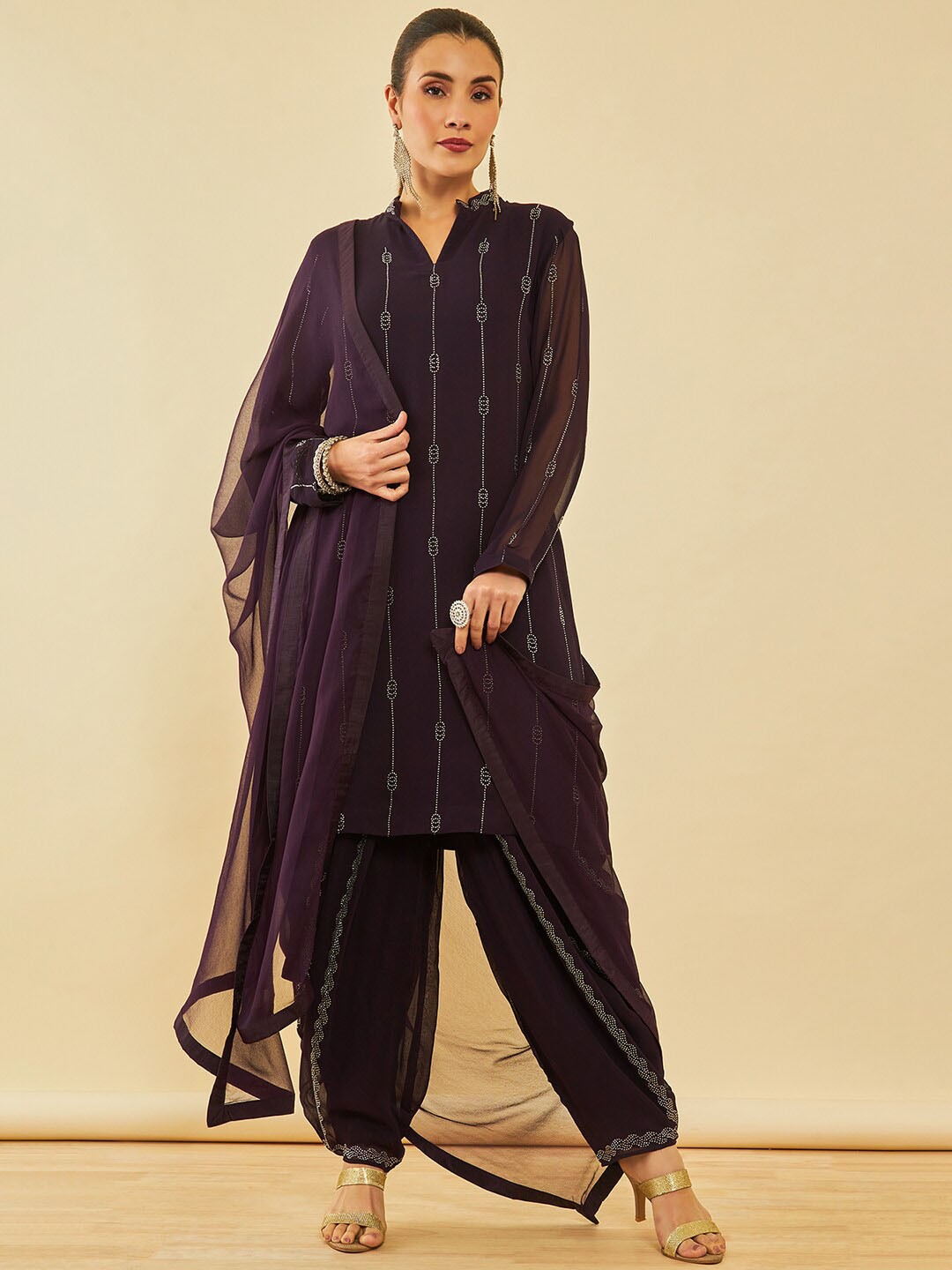 

Soch Ethnic Motifs Regular Beads and Stones Kurta with Dhoti Pant & With Dupatta, Purple