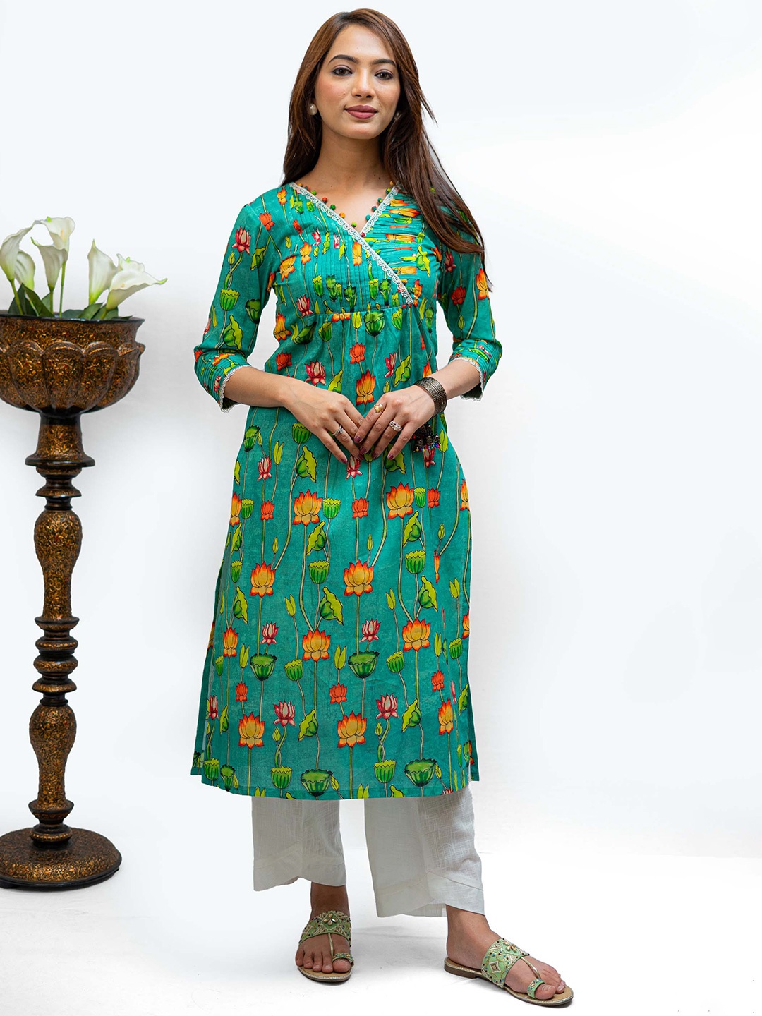 

TSUCCHI TRADITIONS Floral Printed Pure Cotton Angrakha Kurta, Green