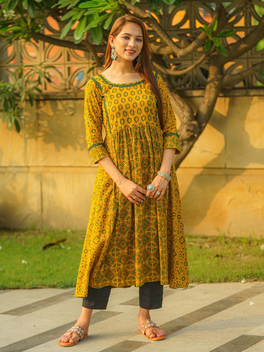 

TSUCCHI TRADITIONS Floral Printed Round Neck Pure Cotton A-Line Kurta, Mustard