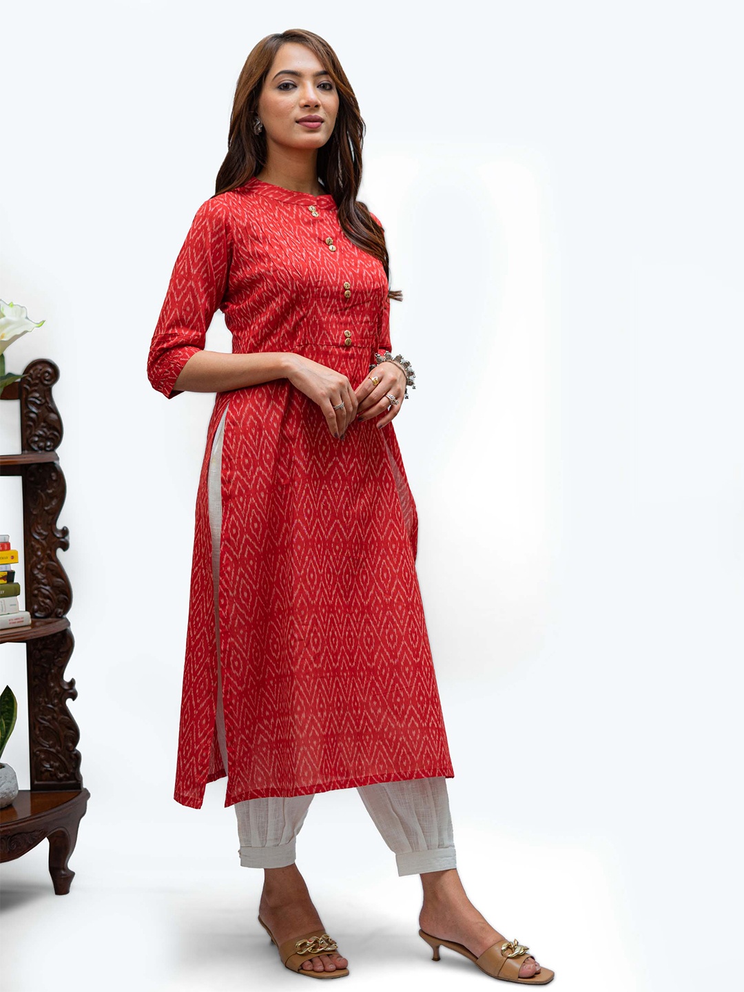 

TSUCCHI TRADITIONS Printed Pure Cotton Straight Kurta, Red