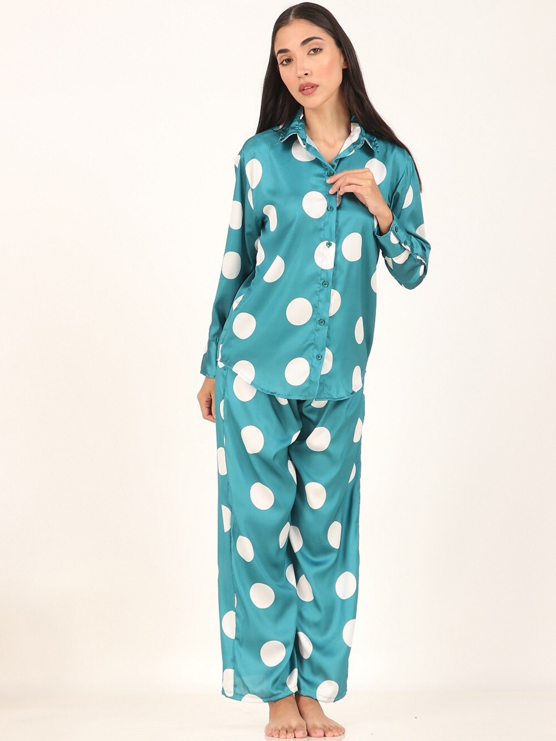 

Masha Polka Dot Satin Shirt & Trousers, Sea green
