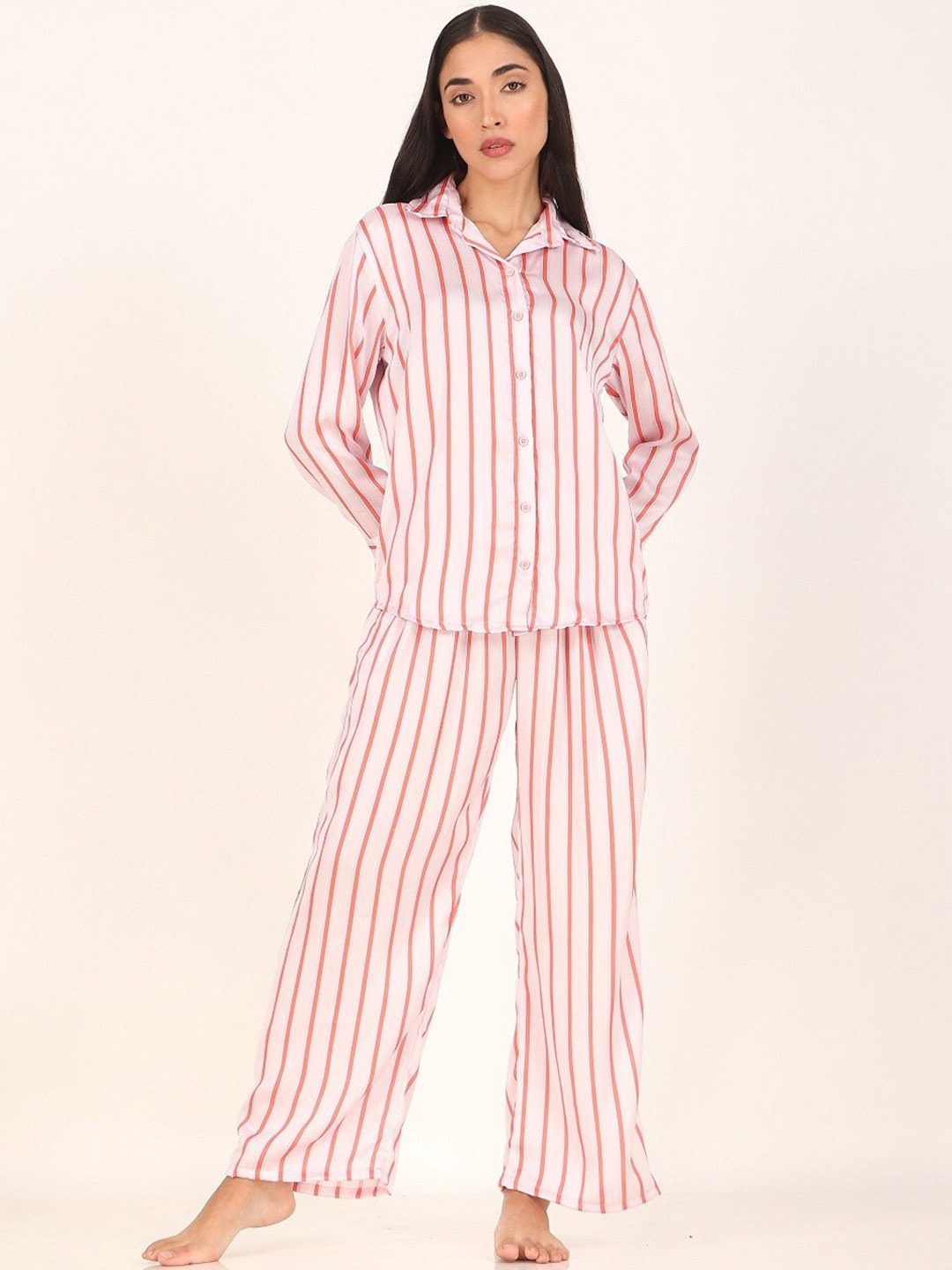 

Masha Striped Satin Shirt & Trousers, Pink