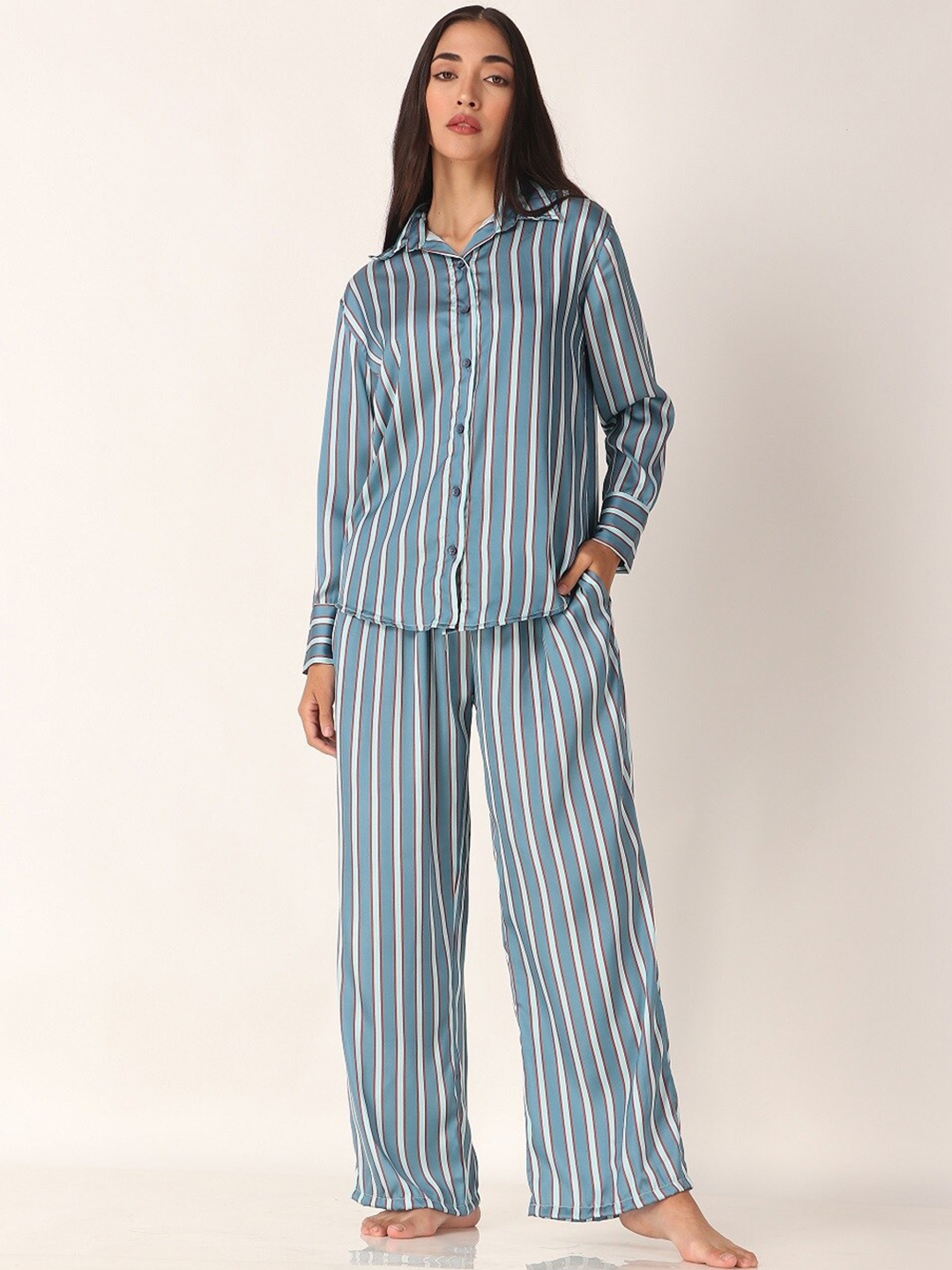 

Masha Striped Satin Shirt & Trousers, Blue