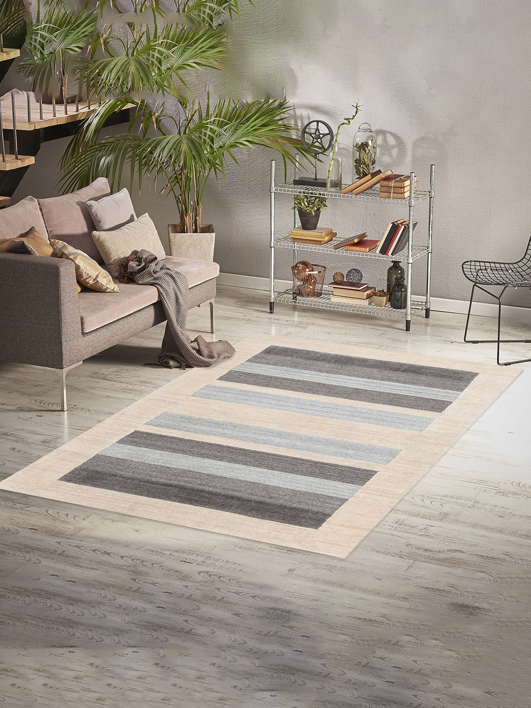 

saraswatii global Beige & Grey Striped Printed Rectangle Carpet