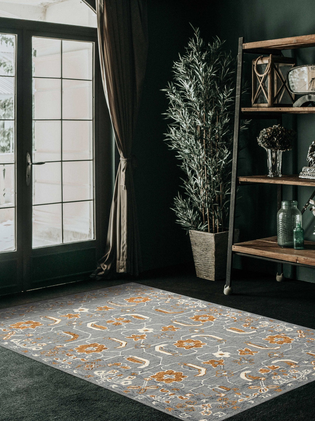 

saraswatii global Orange & Grey Floral Printed Woolen Rectangle Carpet