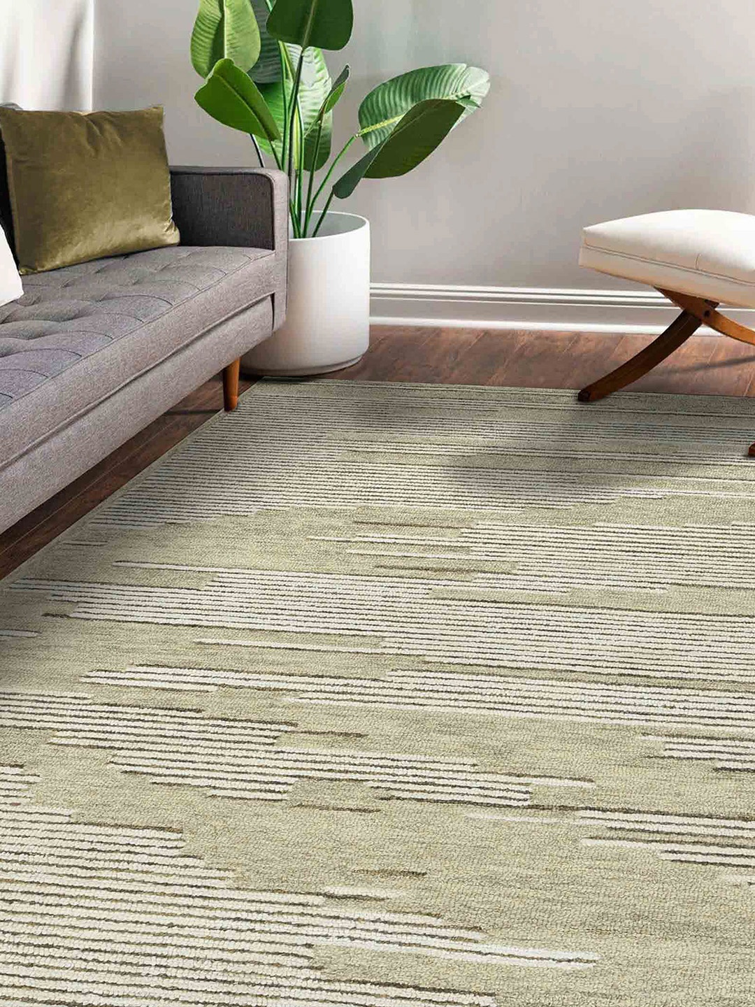 

saraswatii global Off White & Green Striped Hand-Tufted Carpet