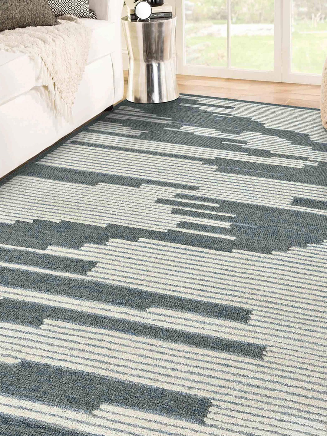 

saraswatii global Grey Striped Hand-Tufted Wool Carpets, Blue