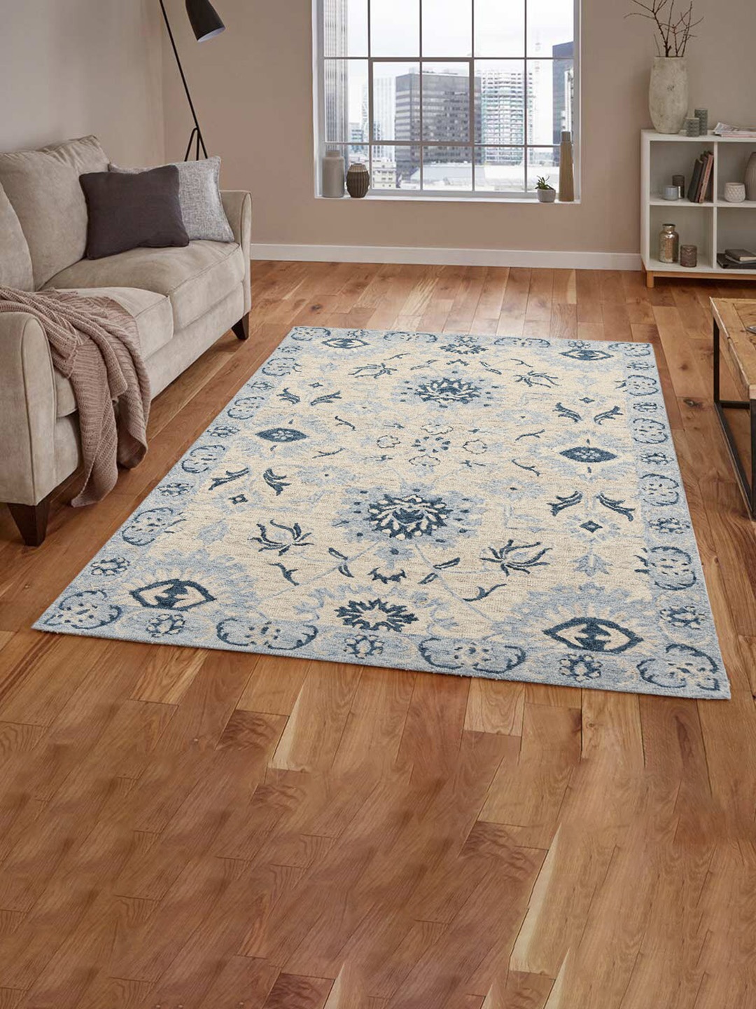 

saraswatii global Blue & Beige Ethnic Motifs Printed Woolen Hand-Tufted Carpet