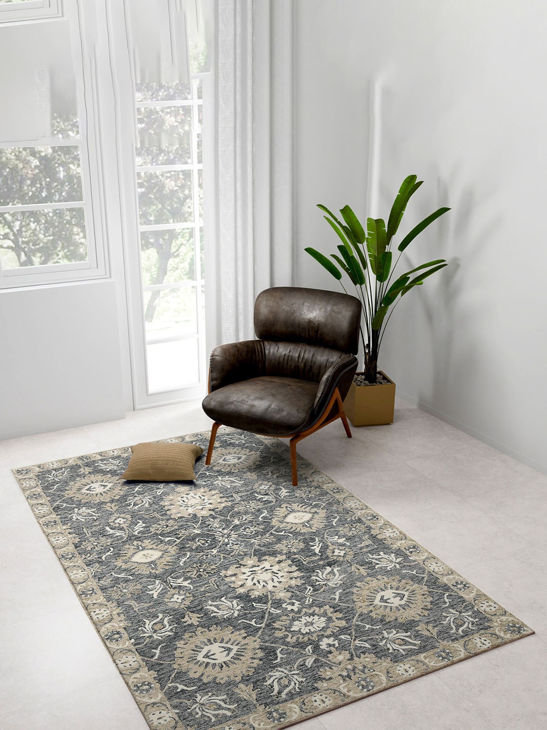 

saraswatii global Grey & Beige Floral Printed Woolen Rectangle Carpet