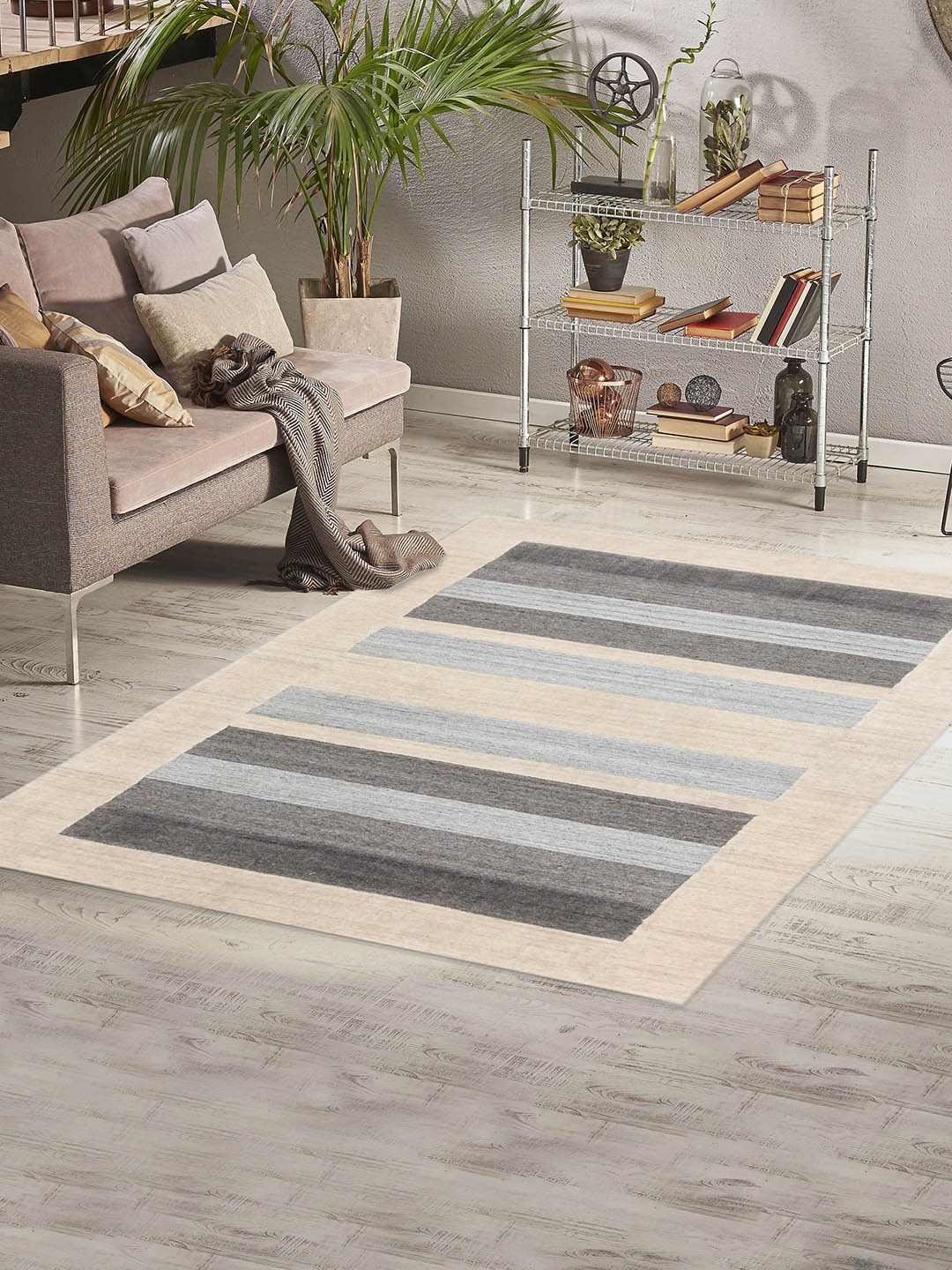 

saraswatii global Beige & Grey Striped Printed Rectangle Carpet