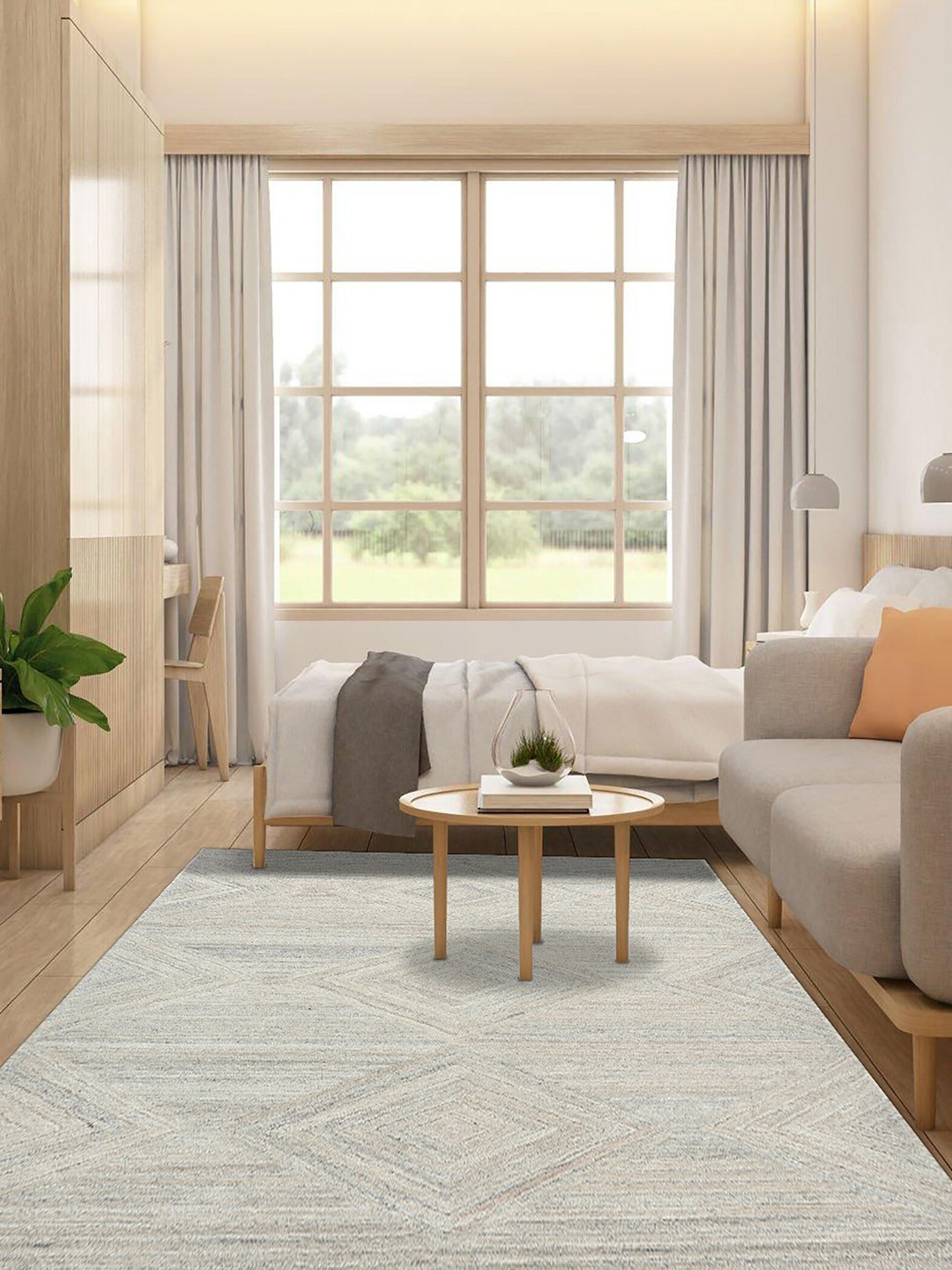 

saraswatii global Beige & Grey Geometric Printed Woolen Hand-Tufted Carpet