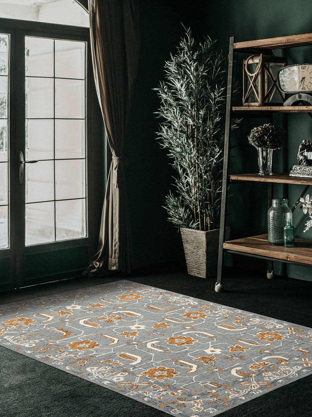 

saraswatii global Orange Floral Hand-Tufted Wool Carpets, Grey
