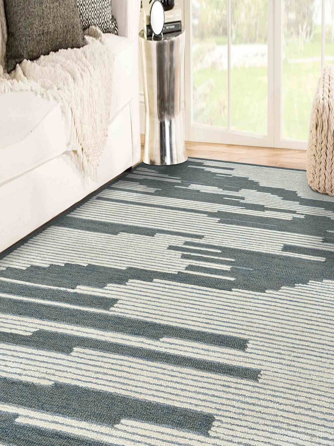 

saraswatii global Blue & Beige Striped Printed Woolen Rectangle Carpet