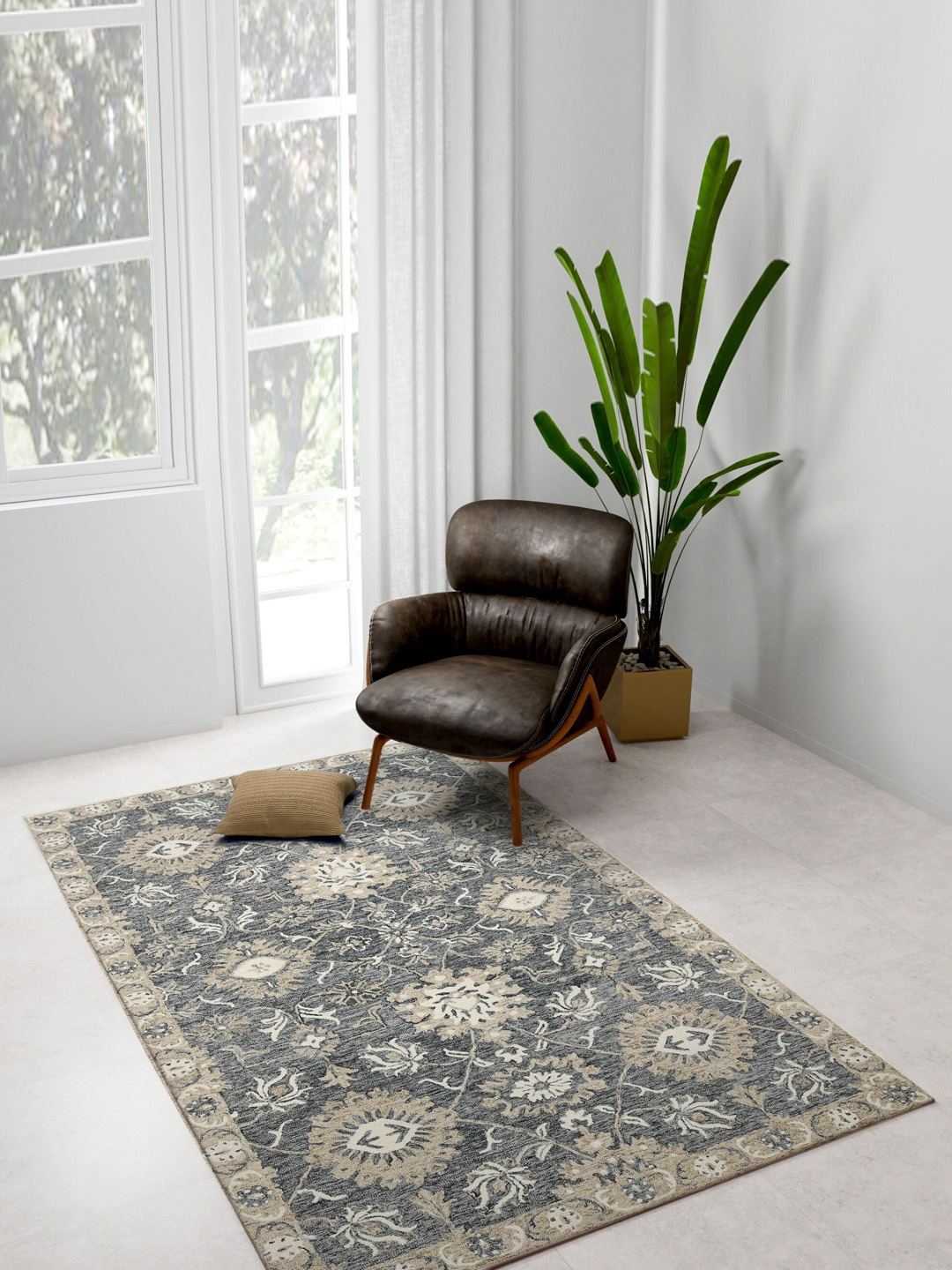 

saraswatii global Beige & Grey Floral Printed Woolen Hand-Tufted Carpet