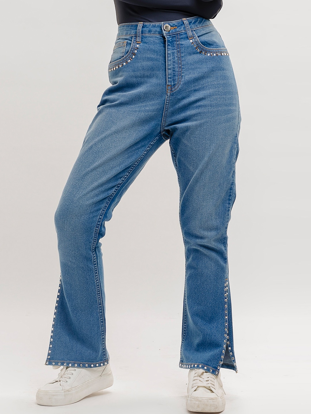 

FREAKINS Women Bootcut Mid-Rise Light Fade Rhinestone Studded Pure Cotton Jeans, Blue