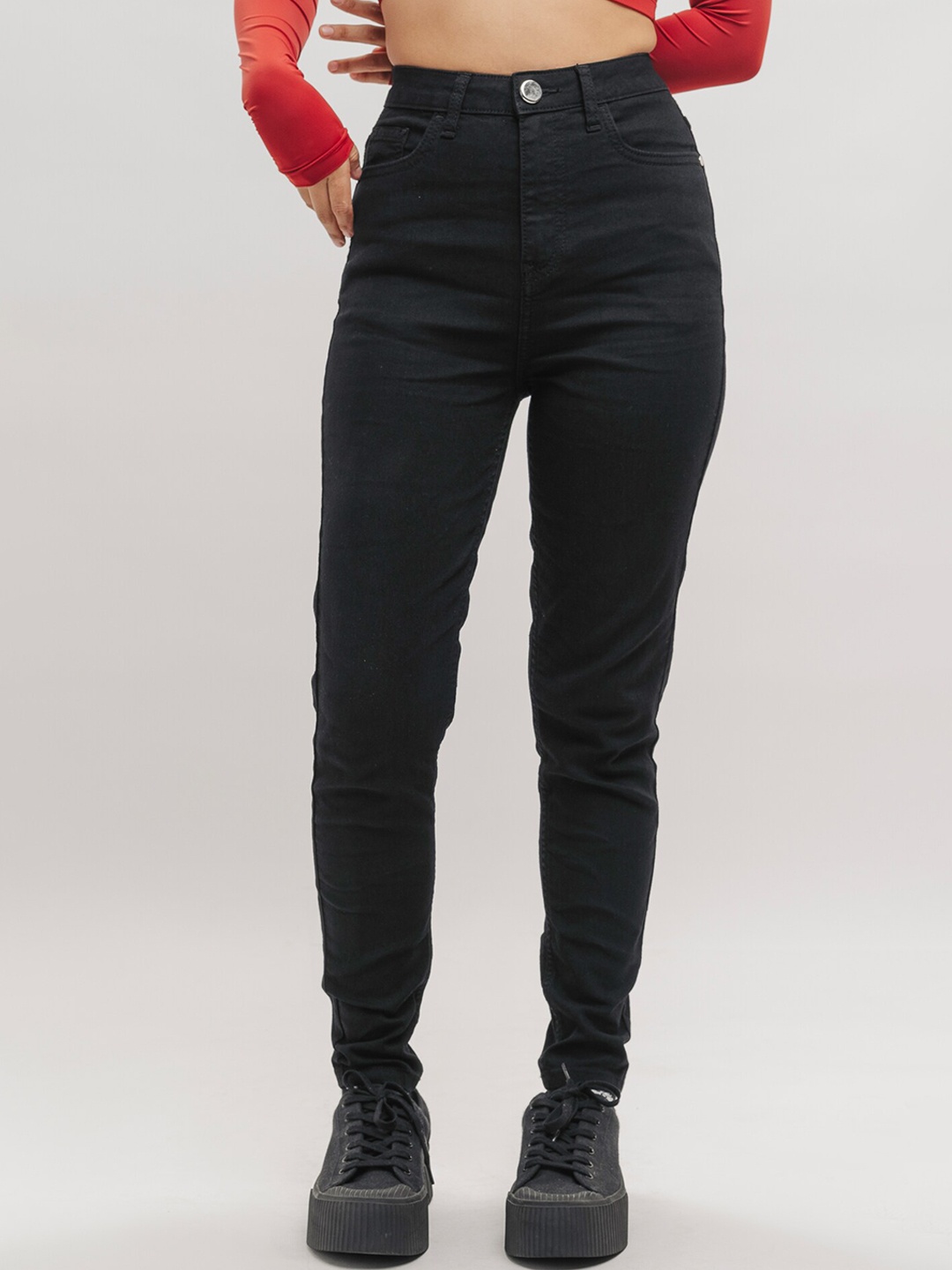 

FREAKINS Women Skinny Fit Mid-Rise Clean Look Pure Cotton Jeans, Black