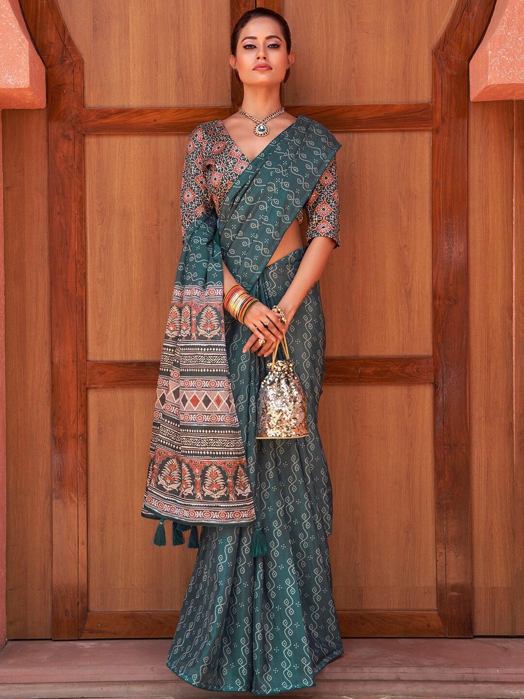 

FABPIXEL Bandhani Printed Leheriya Saree, Teal