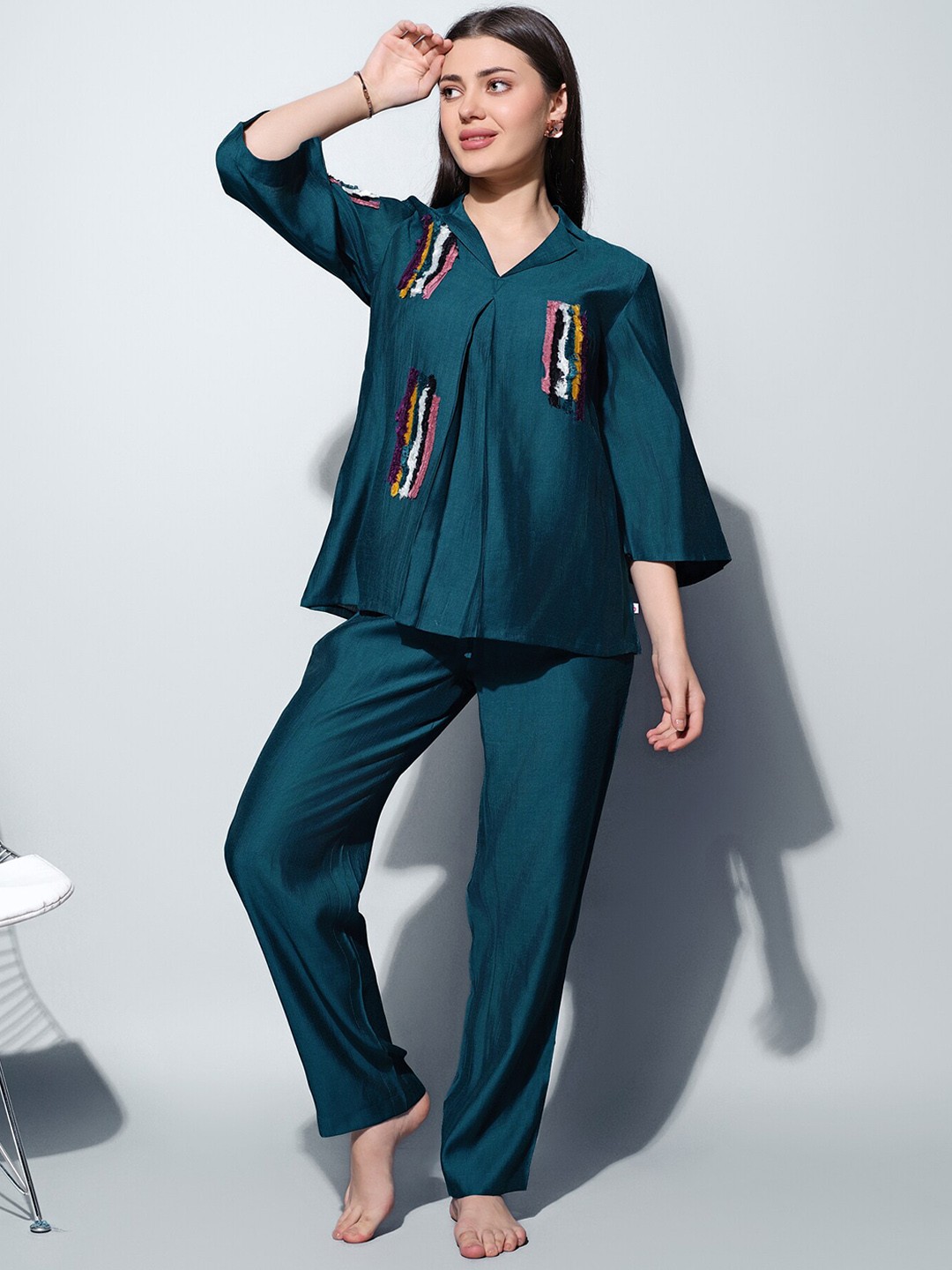 

Bannos Swagger Printed Lapel Collar Top With Trousers, Blue