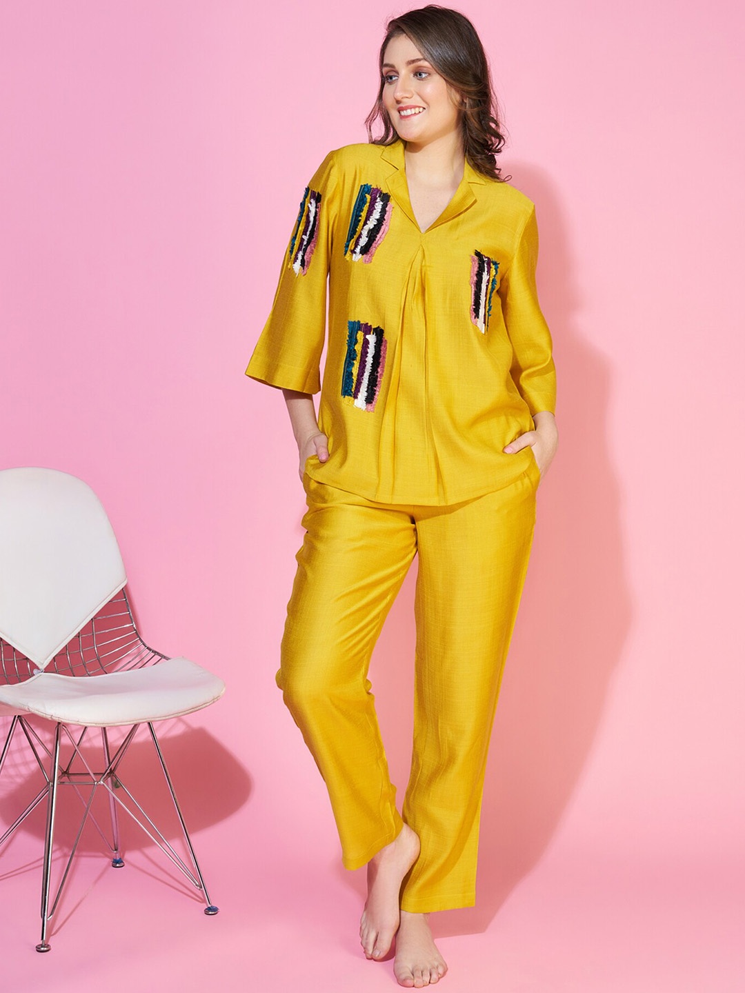 

Bannos Swagger Printed Shirt Collar Top With Trousers, Mustard