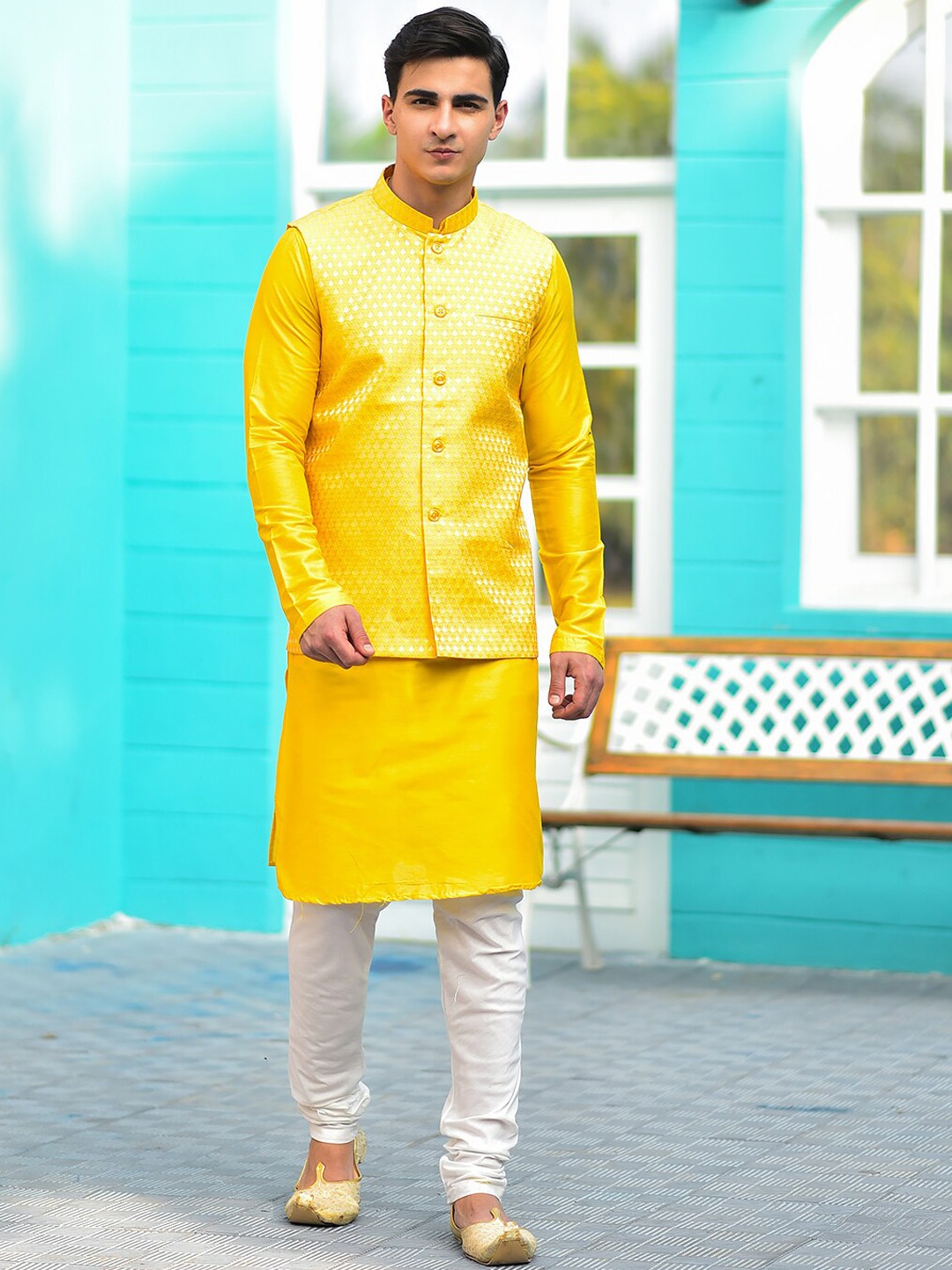 

HOUSE OF DEYANN Jacquard Weave Straight Kurta with Churidar & Nehru jacket, Yellow