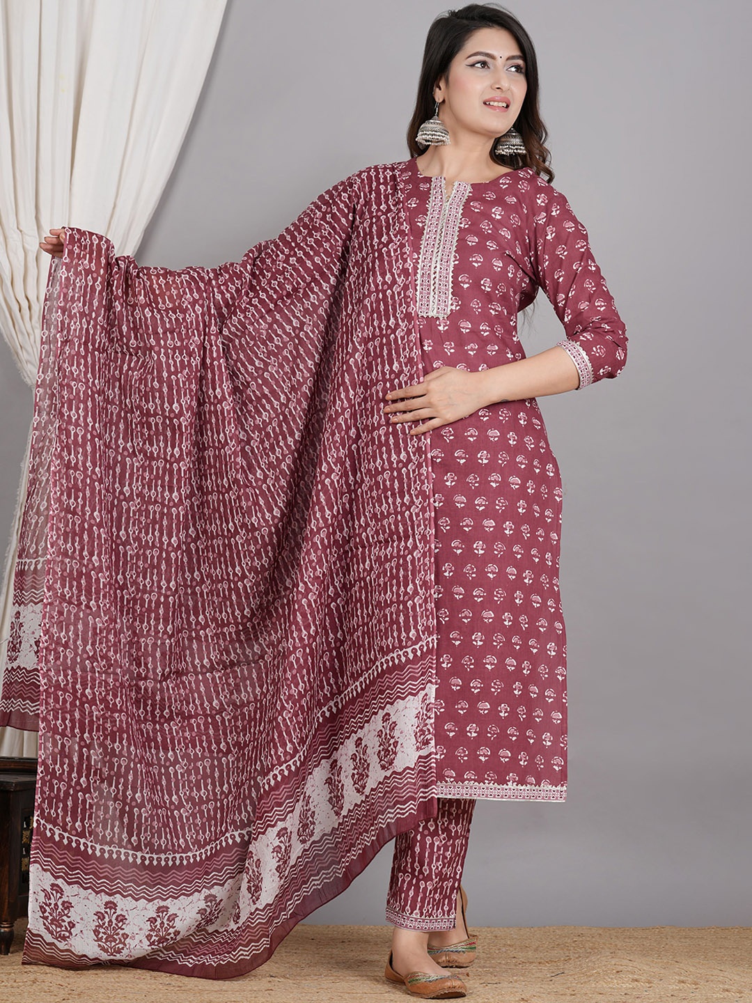 

ZOYOTO Floral Printed Regular Sequinned Pure Cotton Kurta With Trousers & Dupatta, Maroon