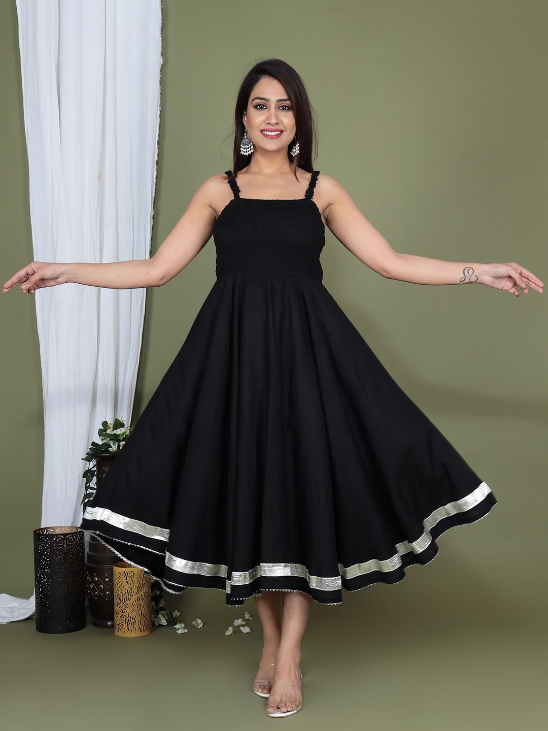 

IkDaiya Shoulder Straps Smocked Fit and Flare Midi Dress, Black
