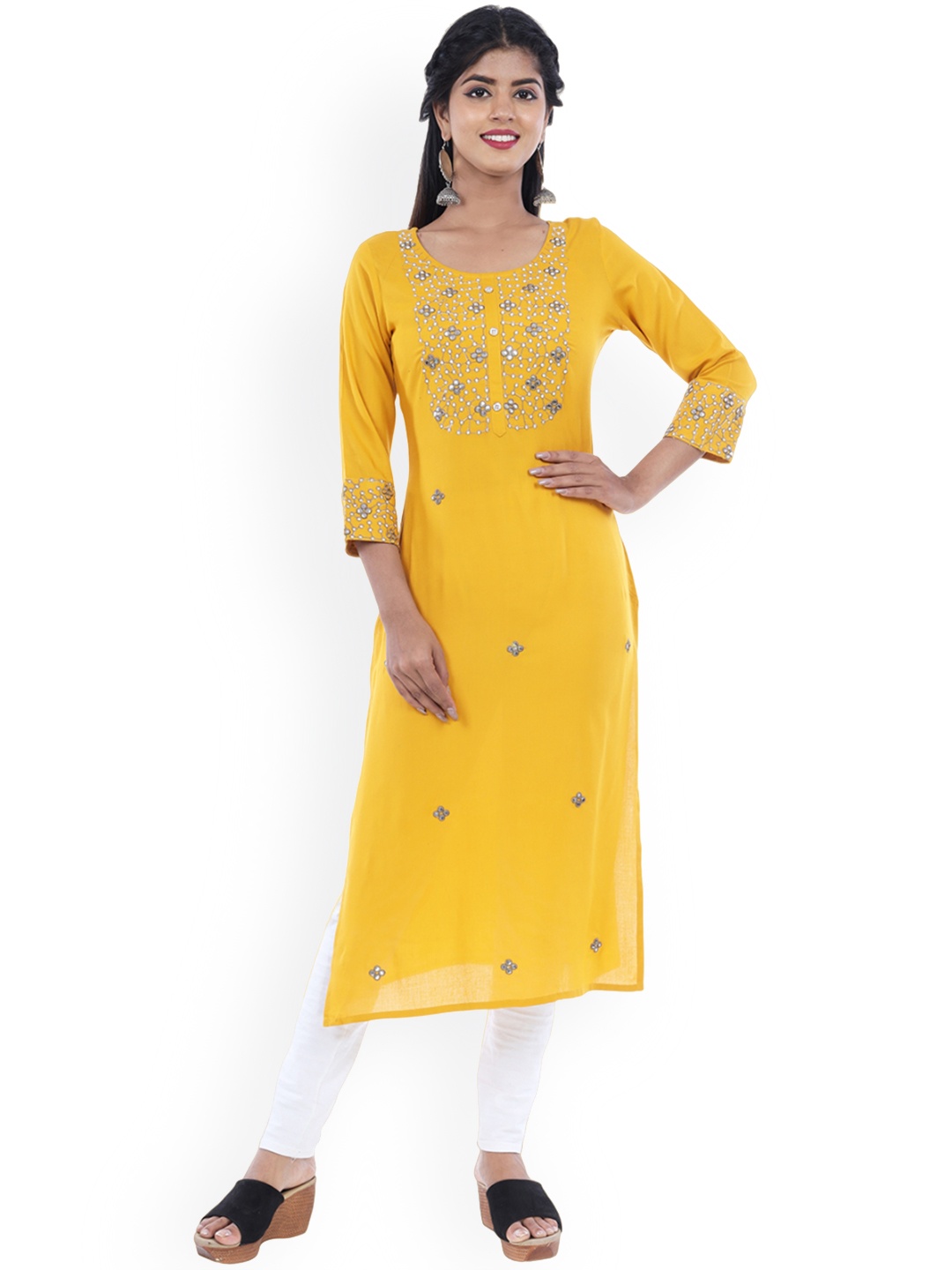 

IkDaiya Ethnic Motifs Embroidered Round Neck Straight Kurta, Yellow