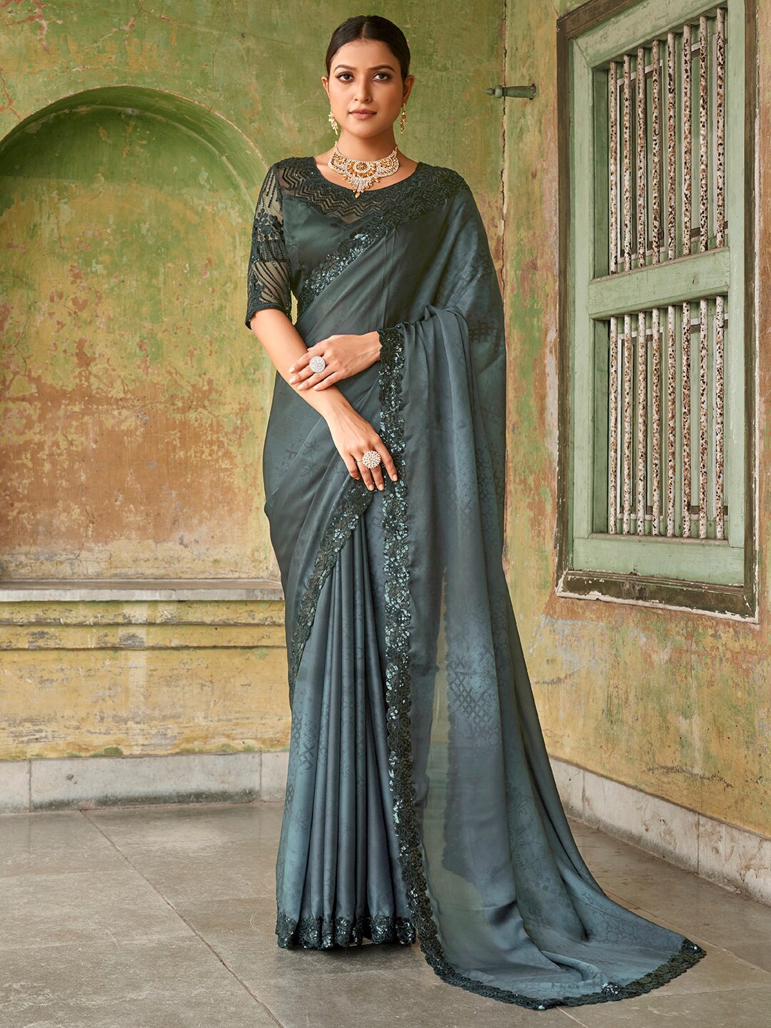 

FABPIXEL Geometric Printed Sequinned Satin Saree, Grey