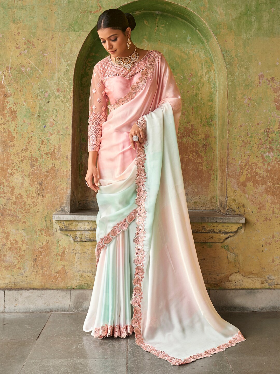 

FABPIXEL Ombre Dyed Embroidered Satin Saree, Pink