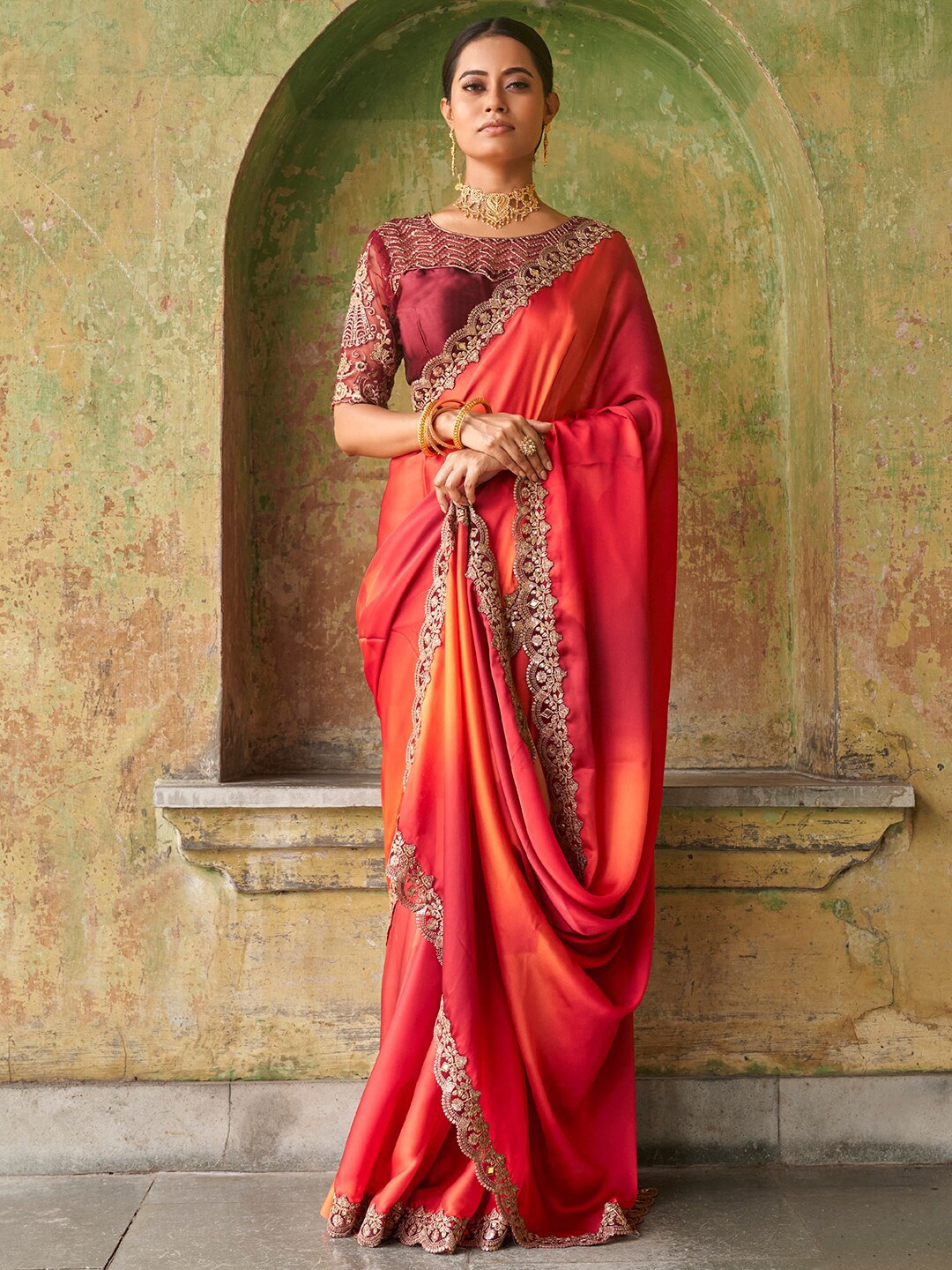 

FABPIXEL Ombre Dyed Embroidered Satin Saree, Red