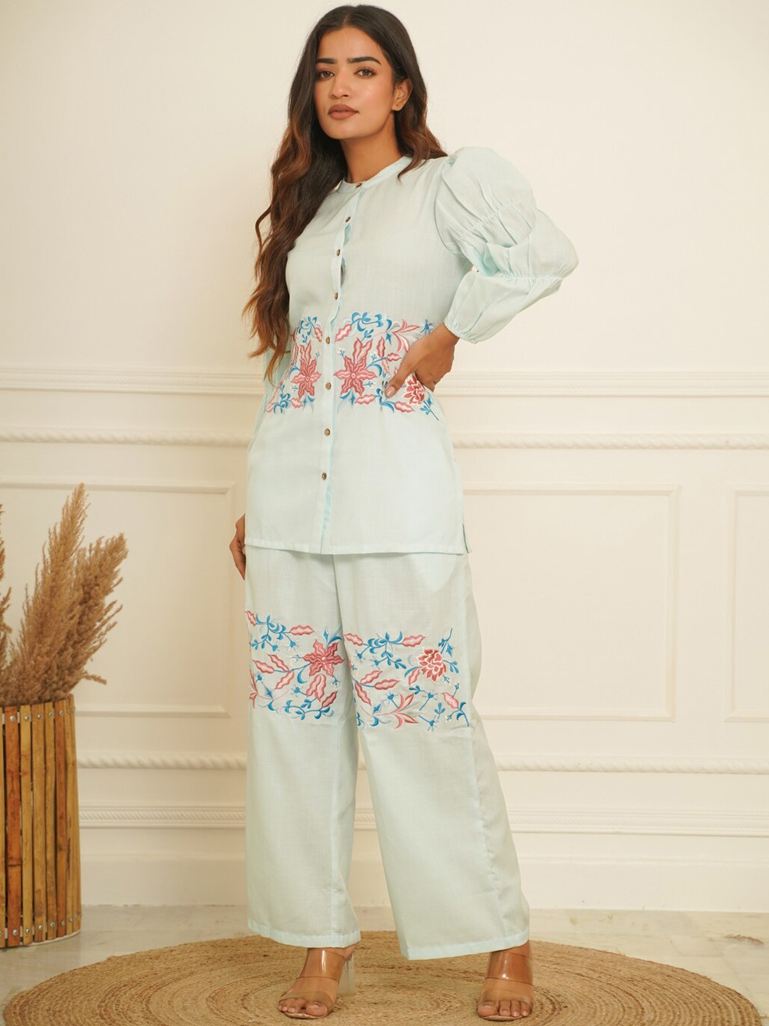 

CRAFTED FOR YOU Floral Printed Mandarin Collar Shirt With Trousers, Blue