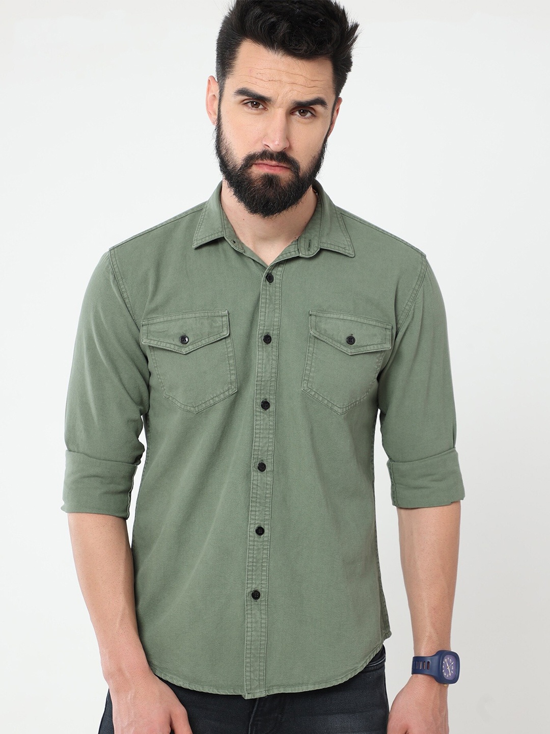 

Reslag Spread Collar Cotton Casual Shirt, Green