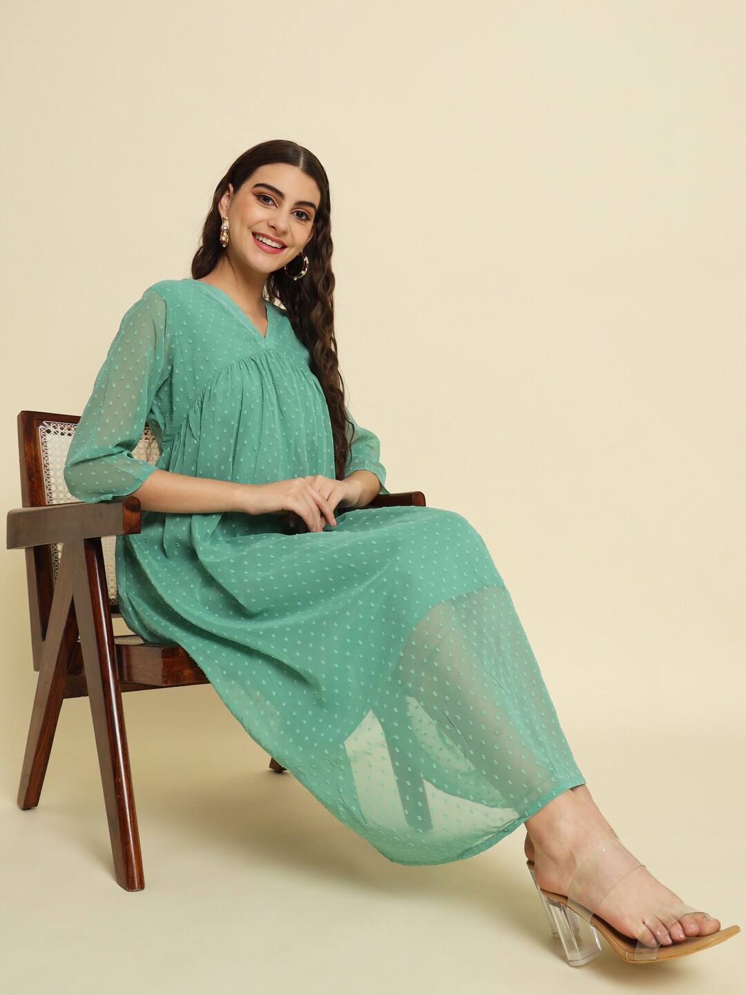 

VredeVogel Self Design V-Neck Midi Empire Dress, Green