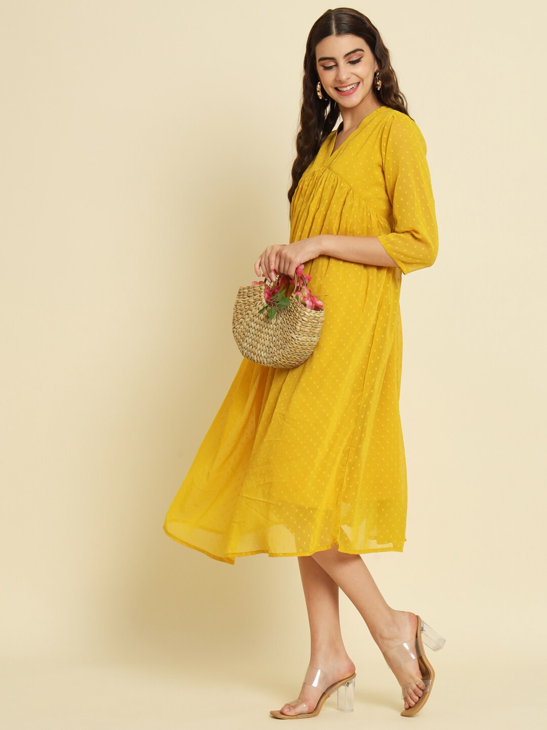 

VredeVogel Self Design V-Neck Midi Empire Dress, Yellow