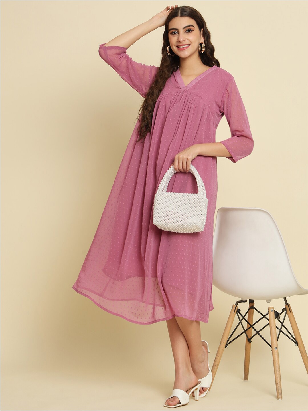 

VredeVogel Self Design V-Neck Midi Empire Dress, Purple