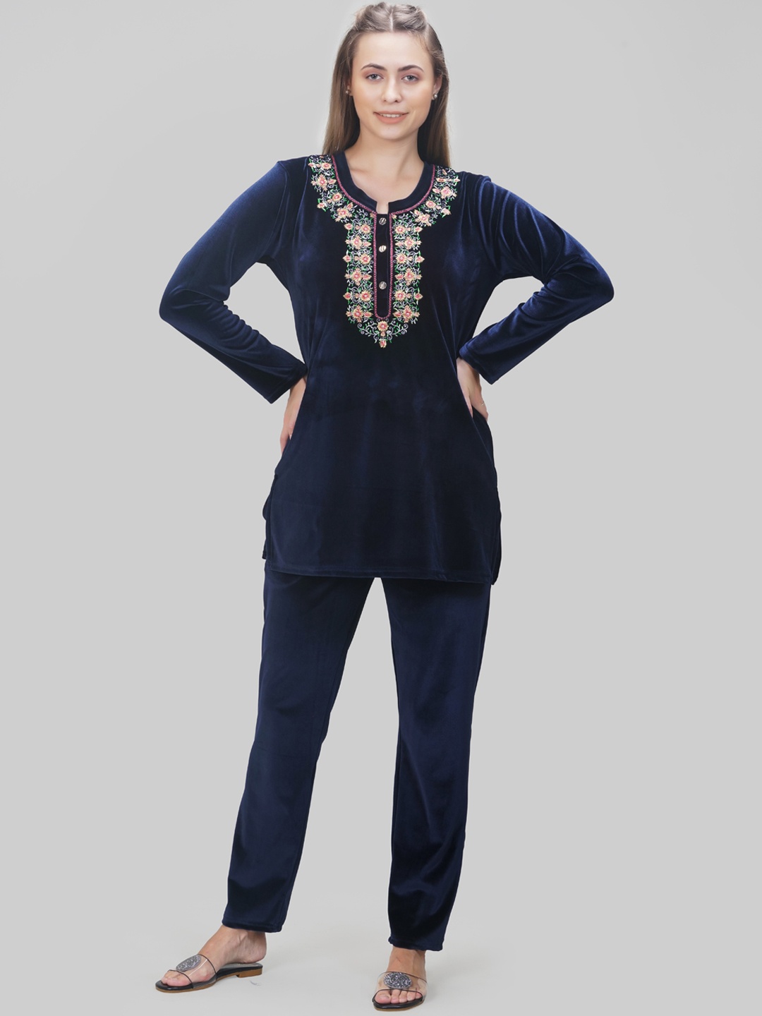 

She N She Floral Embroidered Velvet Night suit, Navy blue