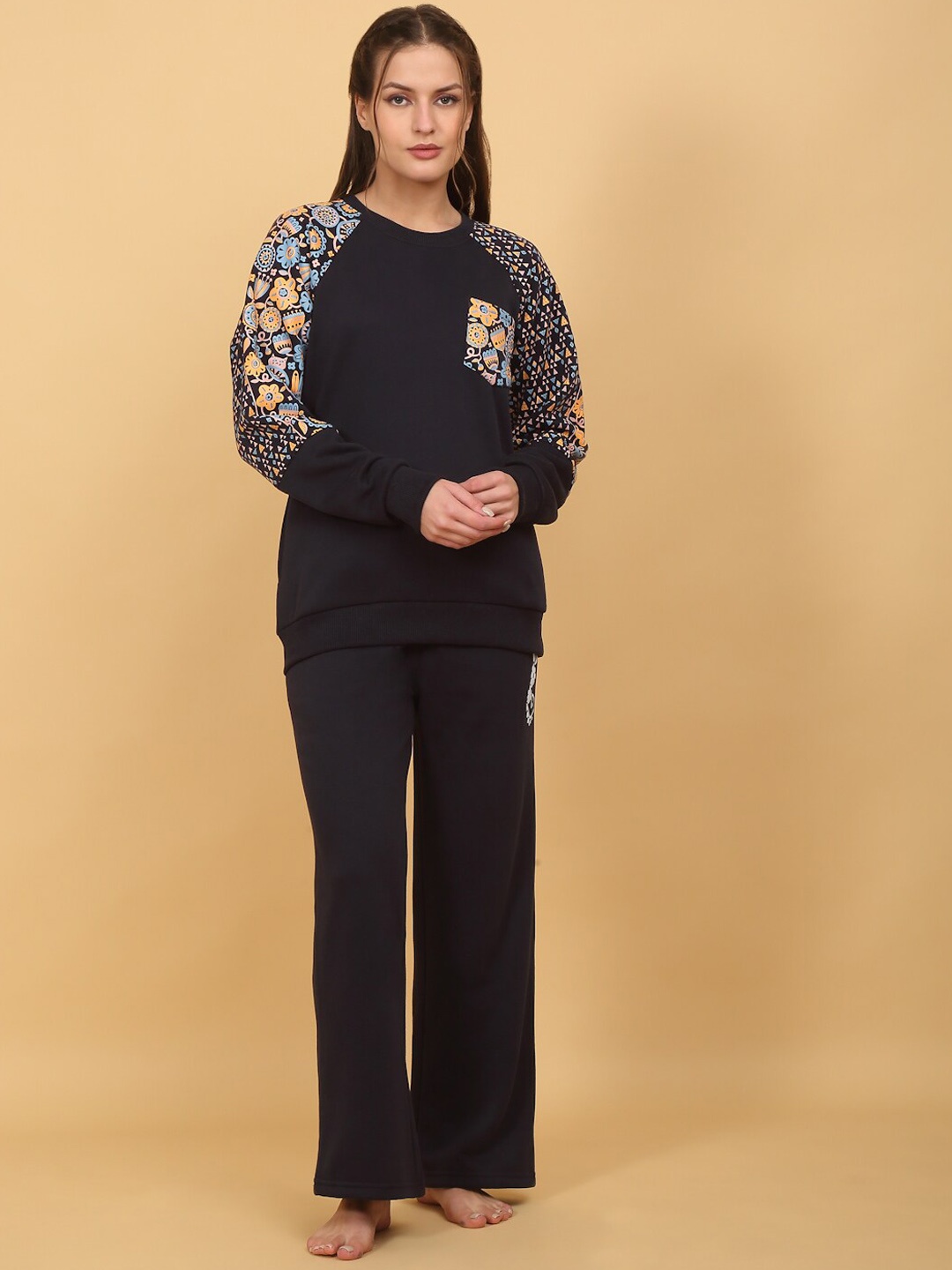 

She N She Graphic Printed Round Neck Night suit, Navy blue